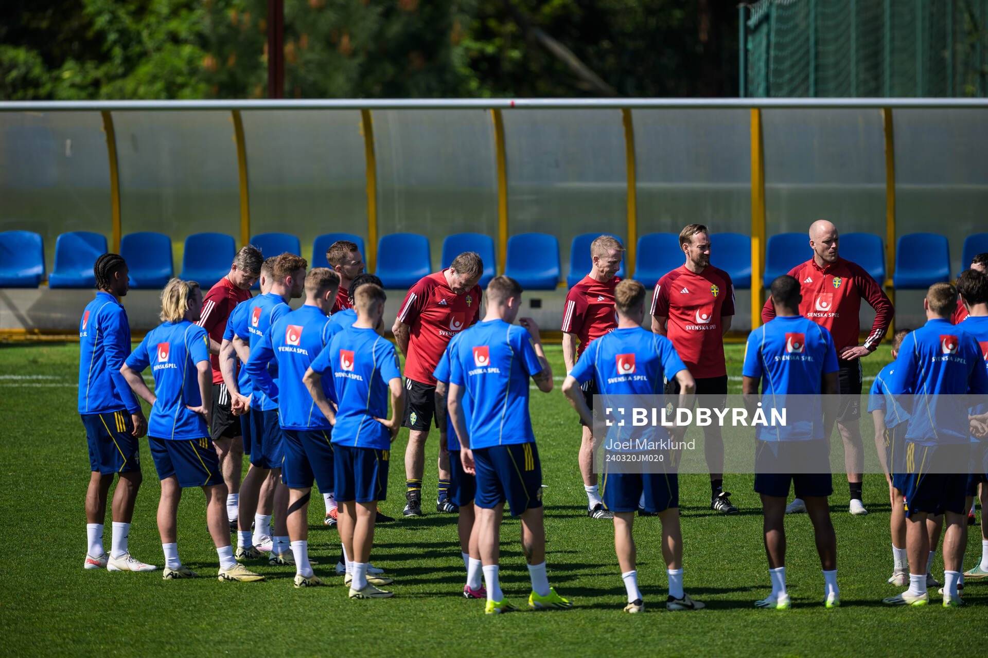 Head coach Jon Dahl Tomasson, assistant coach Sebastian Larsson and assistant coach Remy Reijnierse together with players of the Swedish men's national football team during a training session on March 20, 2024 in Porto.