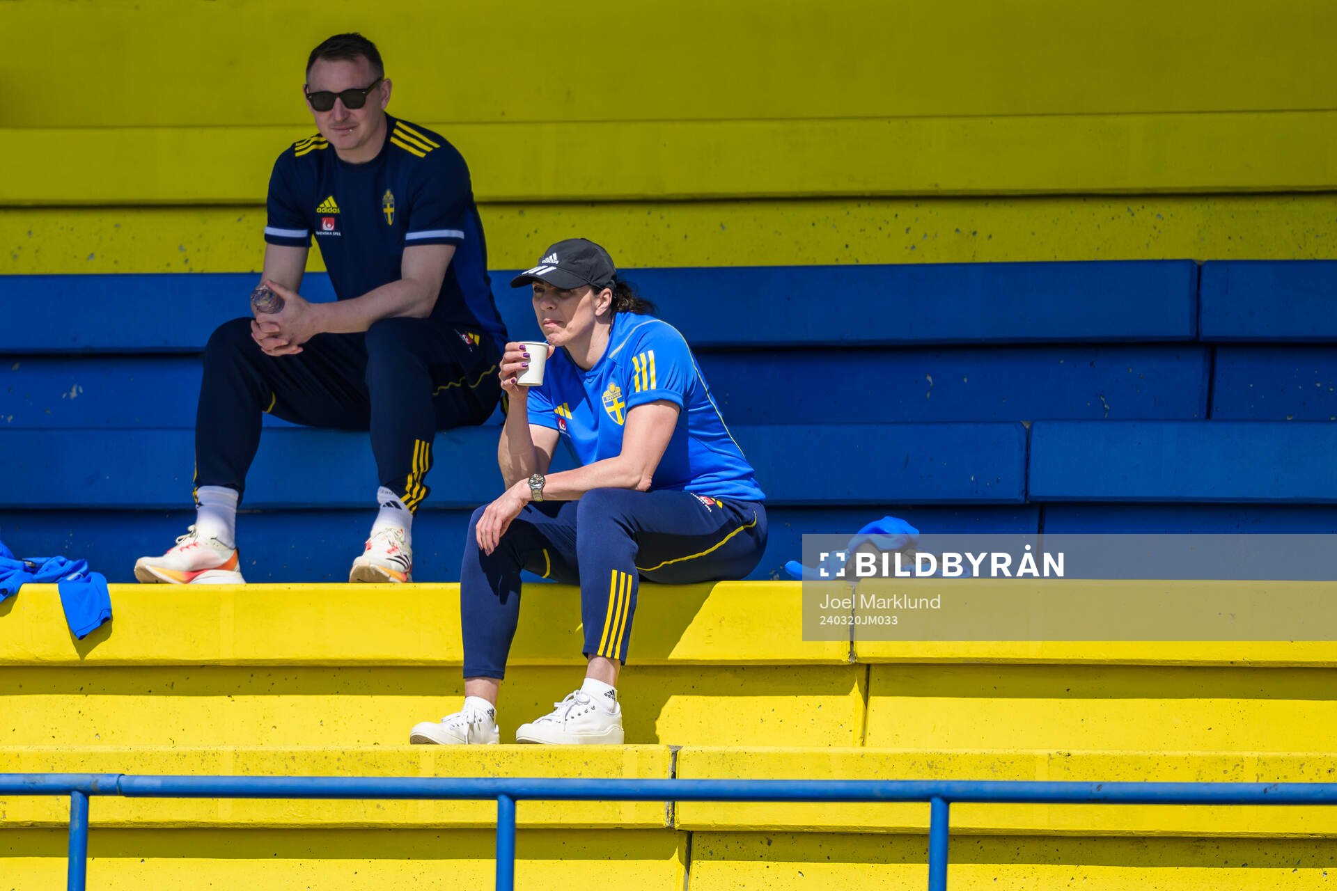 Kim Källström, Head of Football at the Swedish Football Association, and Andrea Möllerberg, General Secretary of the Swedish Football Association, during the Swedish men's national football team’s training session on March 20, 2024 in Porto.