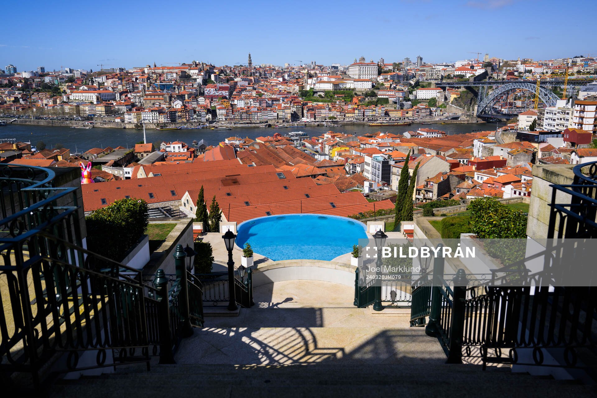 View over the swimming pool area and city of Porto from The