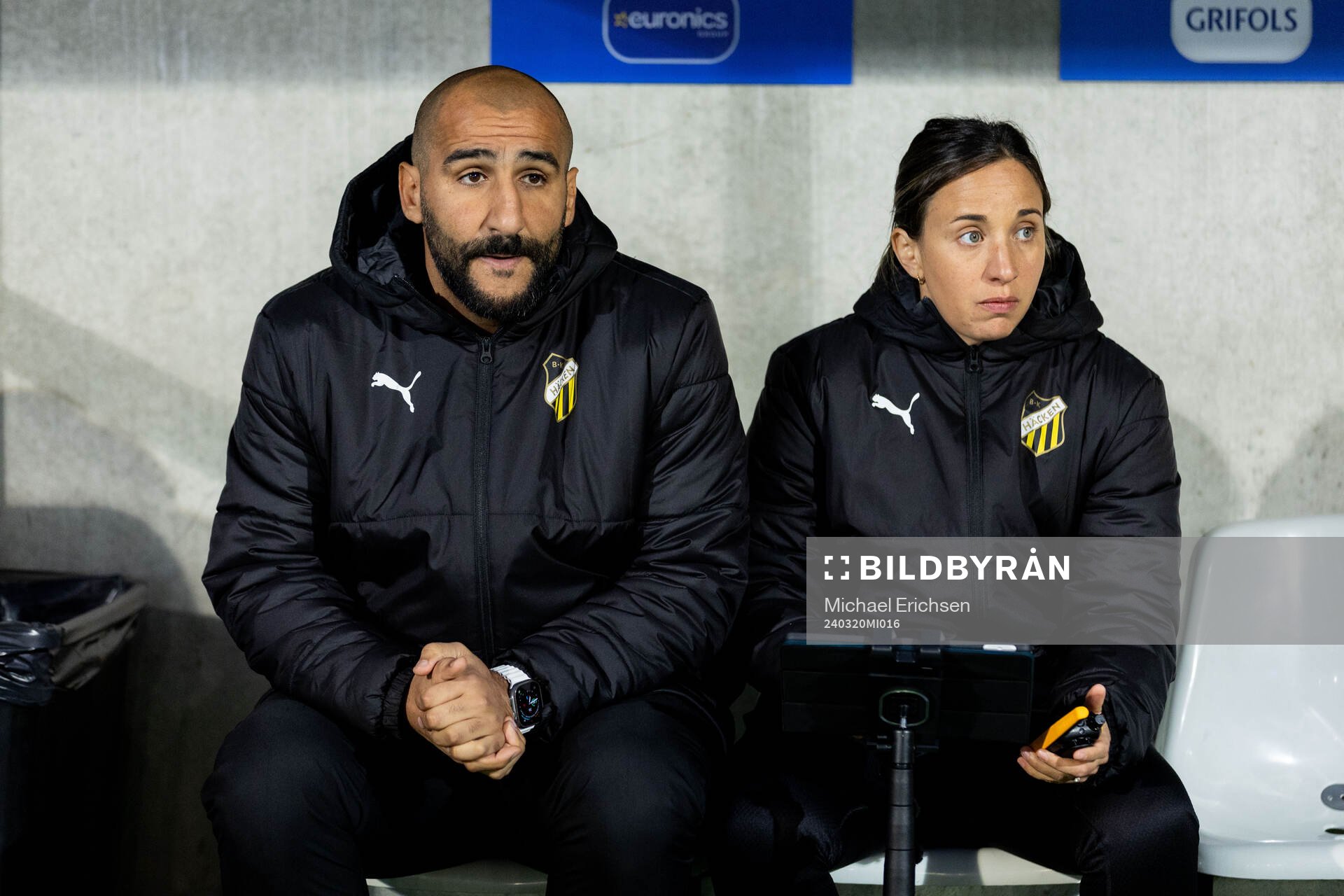 Head coach Mak Lind and assistant coach Bri Campos of Häcken ahead of the UEFA Women's Champions League quarterfinal between Häcken and Paris Saint Germain on March 20, 2024 in Göteborg.