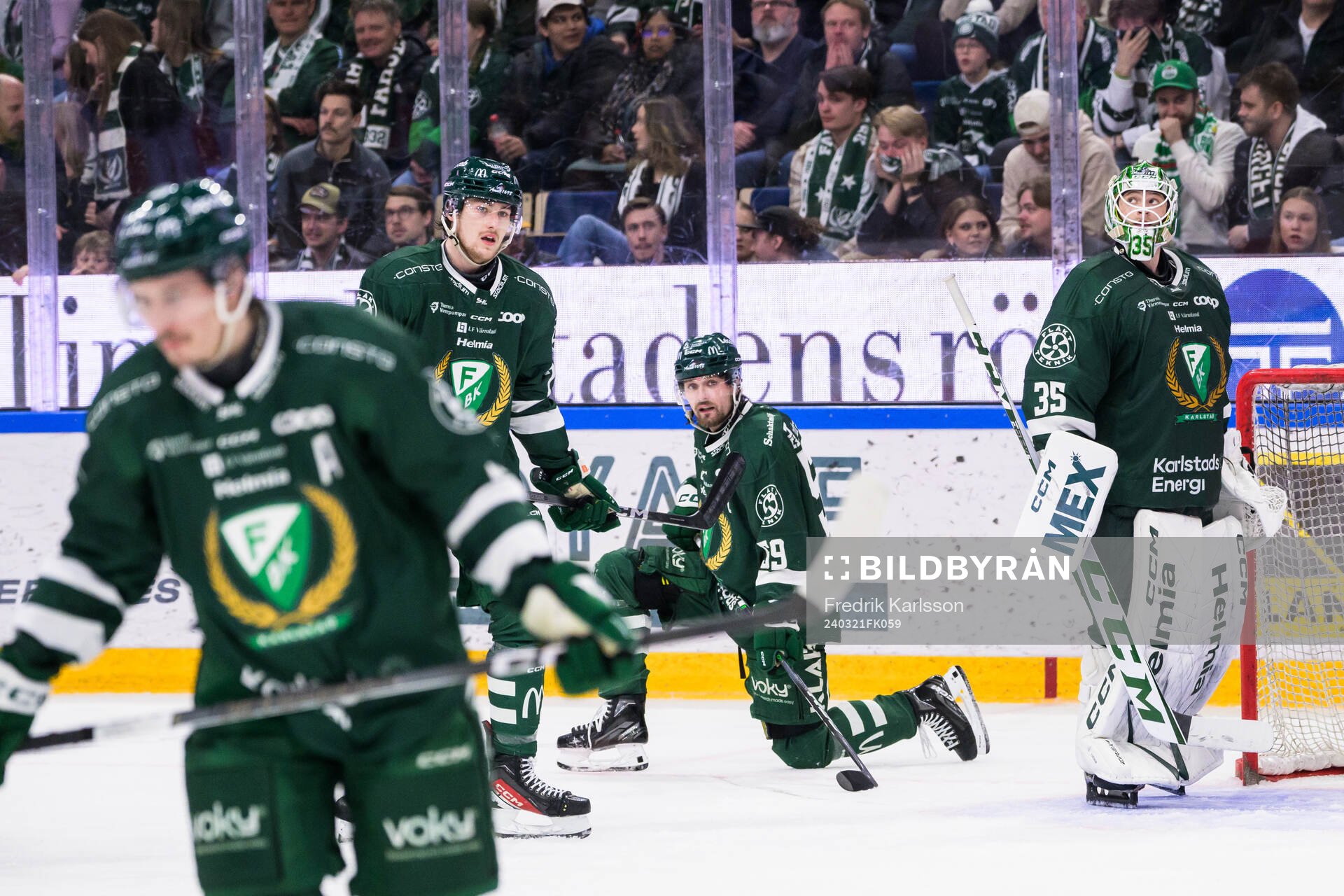 Färjestads Jeremy Salvas Groleau, Linus Johansson och
