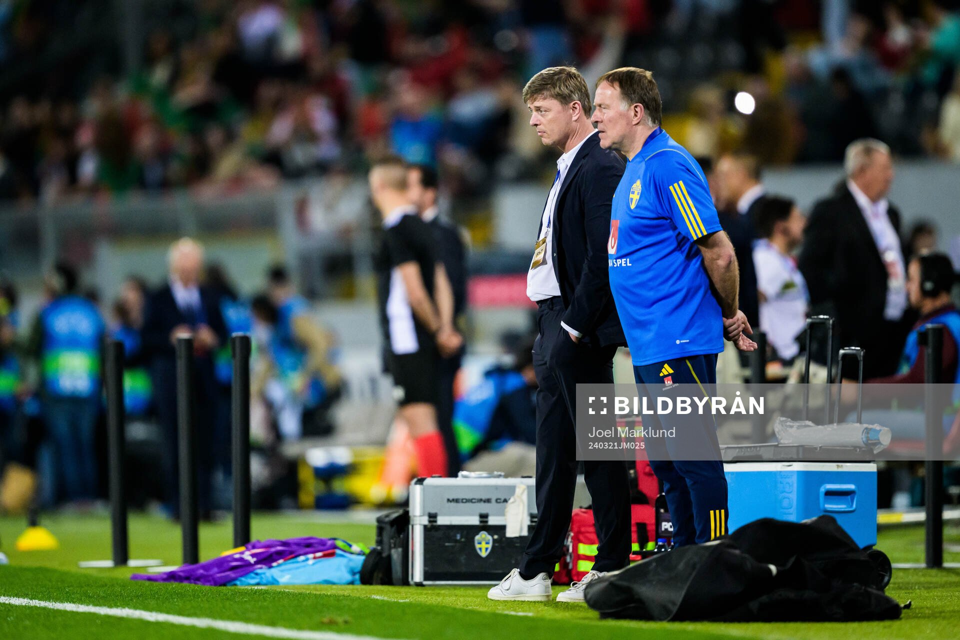Head coach Jon Dahl Tomasson and assistant coach Remy Reijnierse of Sweden ahead of the international friendly football match between Portugal and Sweden on March 21, 2024 in Guimaraes.