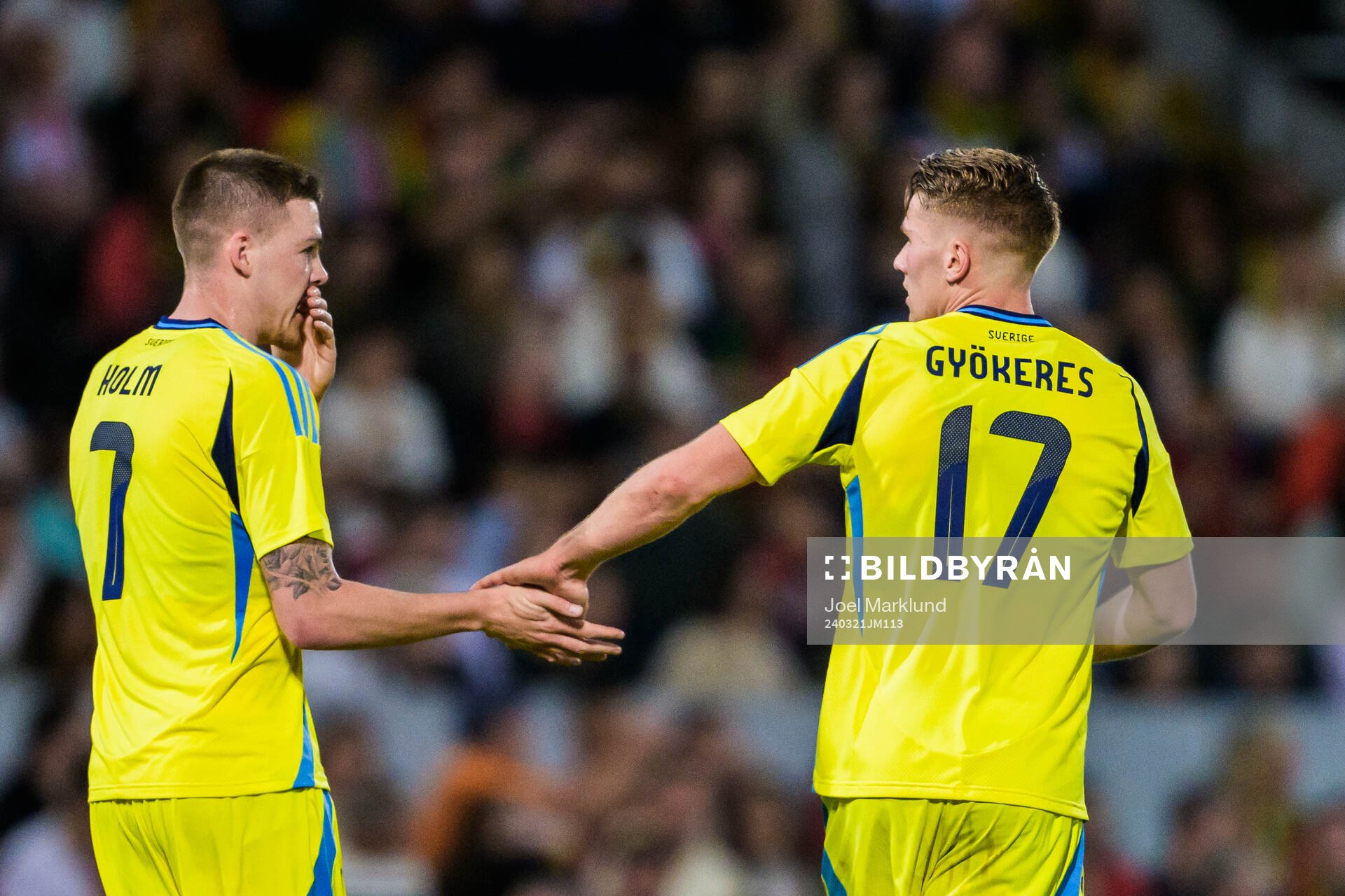 Emil Holm and Viktor Gyökeres of Sweden celebrate the 4-1