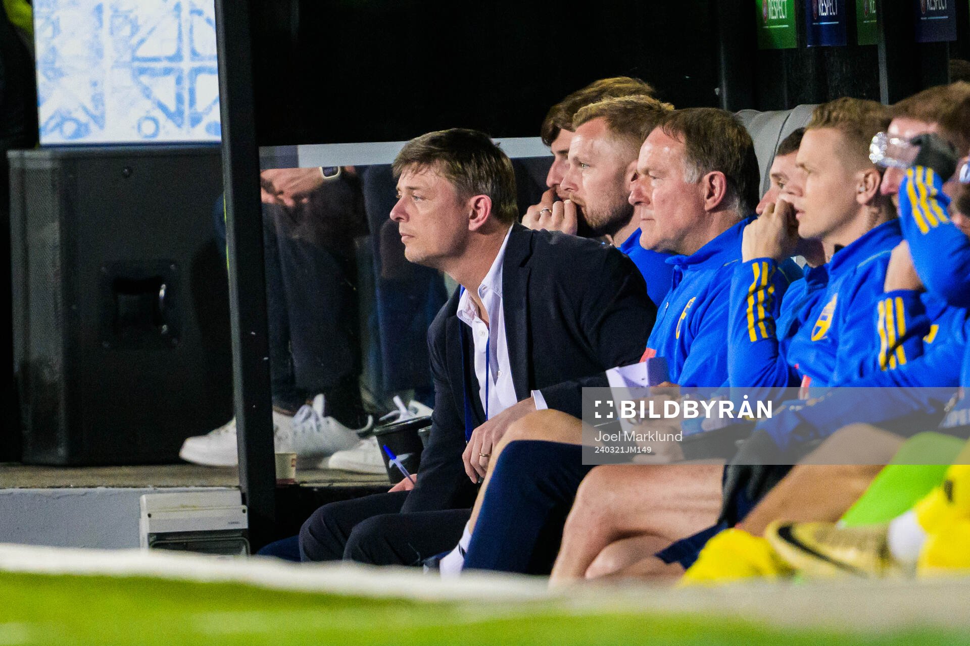 Head coach Jon Dahl Tomasson, assistant coach Remy Reijnierse and assistant coach Sebastian Larsson of Sweden during the international friendly football match between Portugal and Sweden on March 21, 2024 in Guimaraes.