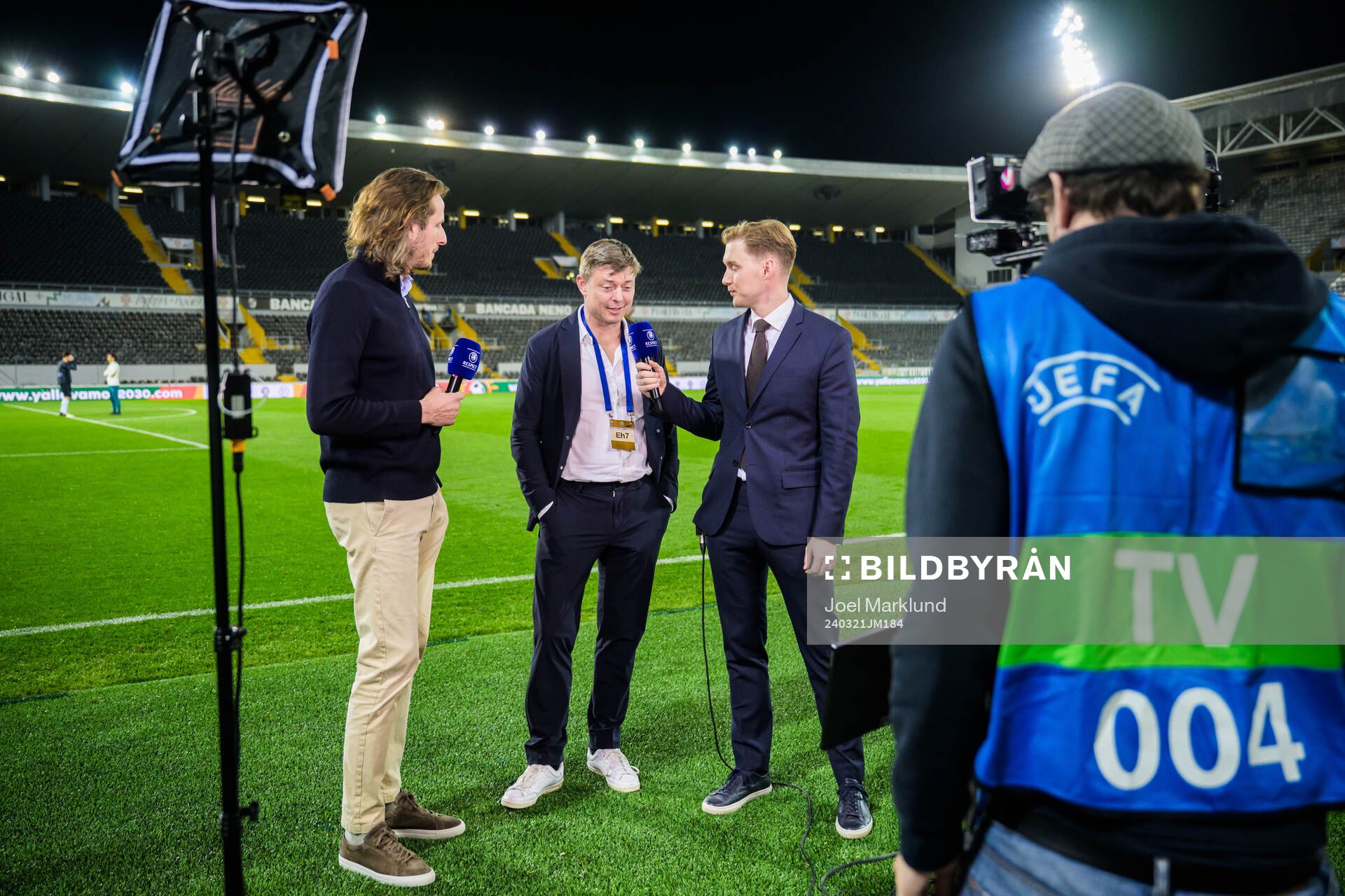 Head coach Jon Dahl Tomasson of Sweden in the Viaplay Studio with Jonas Olsson and Ludvig Svan after the international friendly football match between Portugal and Sweden on March 21, 2024 in Guimaraes.