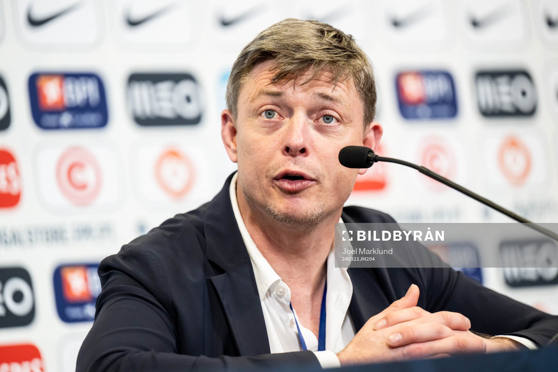 Head coach Jon Dahl Tomasson of Sweden during the press conference after the international friendly football match between Portugal and Sweden on March 21, 2024 in Guimaraes.