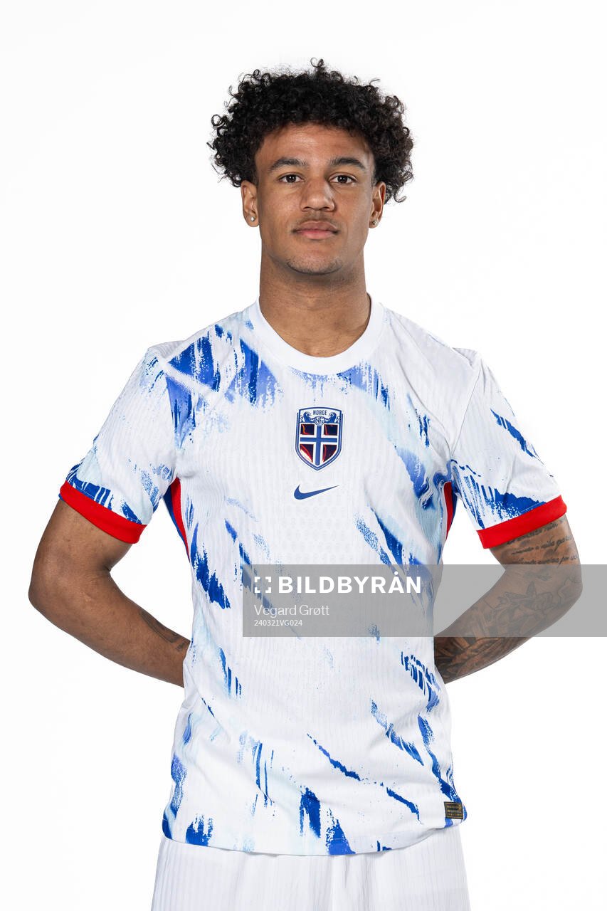 Oscar Bobb of the Norwegian national football team poses