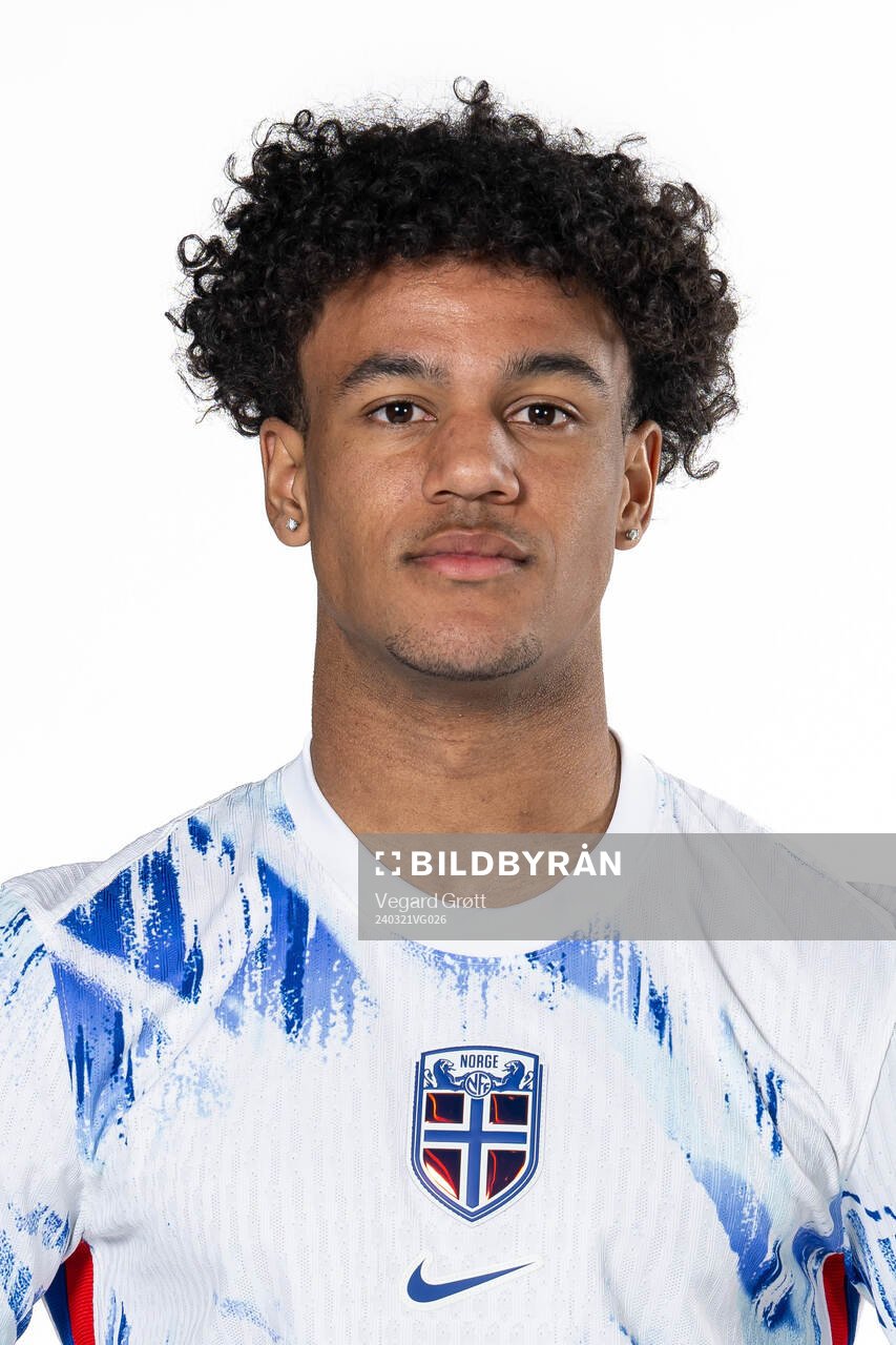 Oscar Bobb of the Norwegian national football team poses