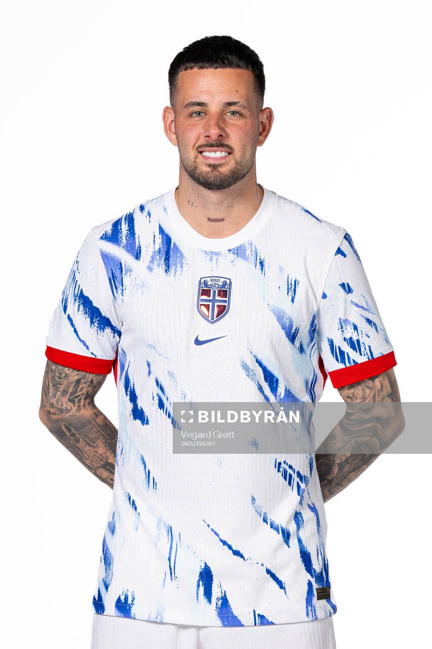 Aron Dønnum of the Norwegian national football team poses