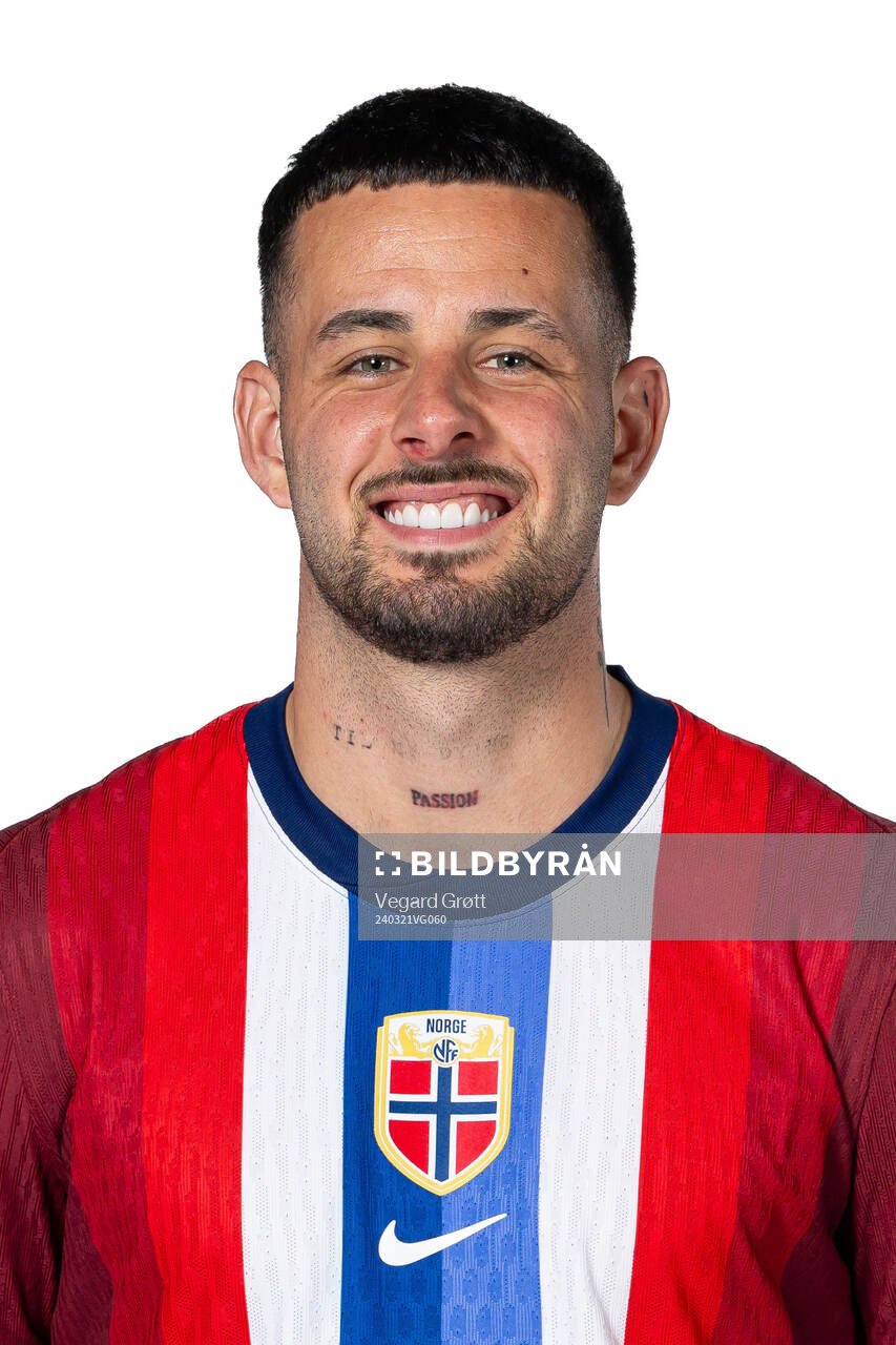 Aron Dønnum of the Norwegian national football team poses