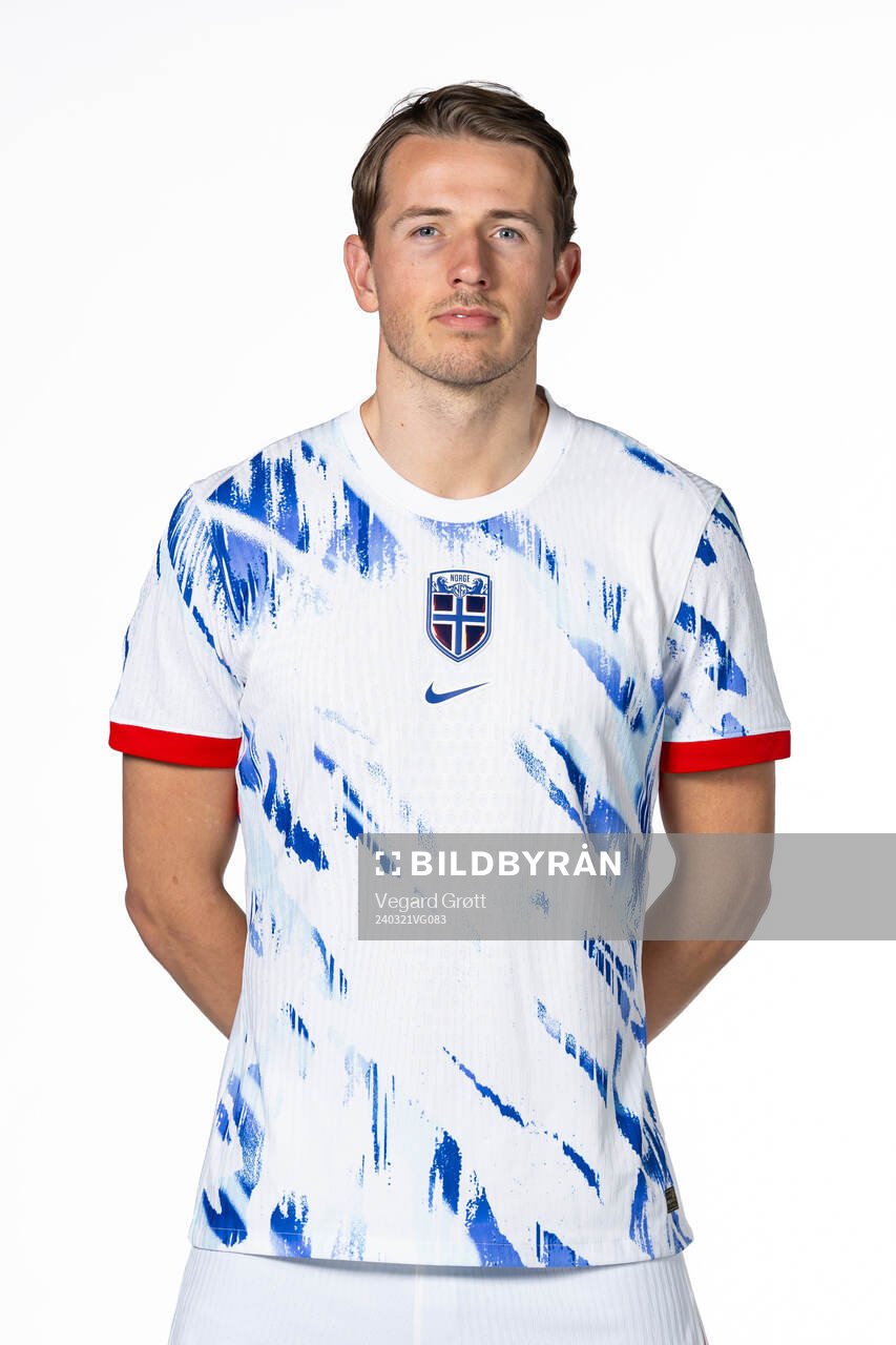 Sander Berge of the Norwegian national football team poses