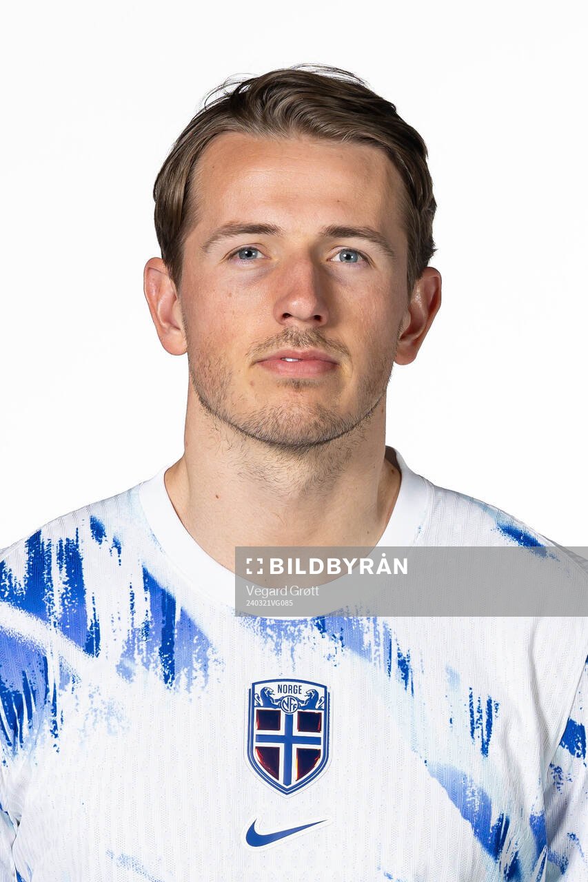 Sander Berge of the Norwegian national football team poses