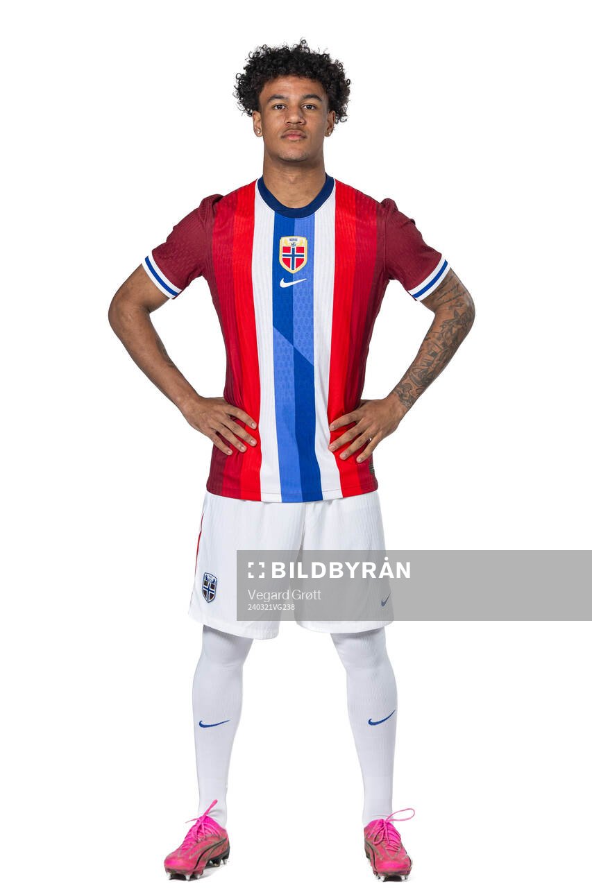 Oscar Bobb of the Norwegian national football team poses
