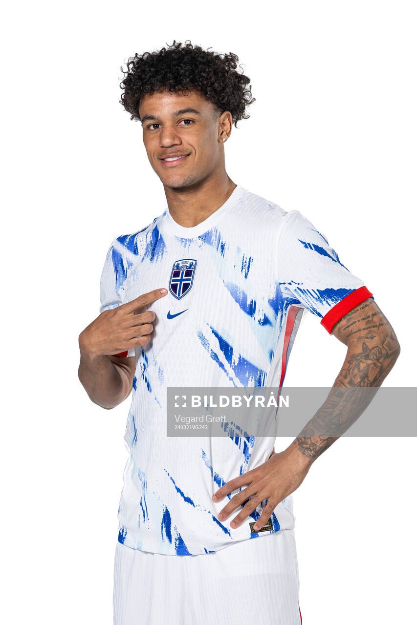 Oscar Bobb of the Norwegian national football team poses