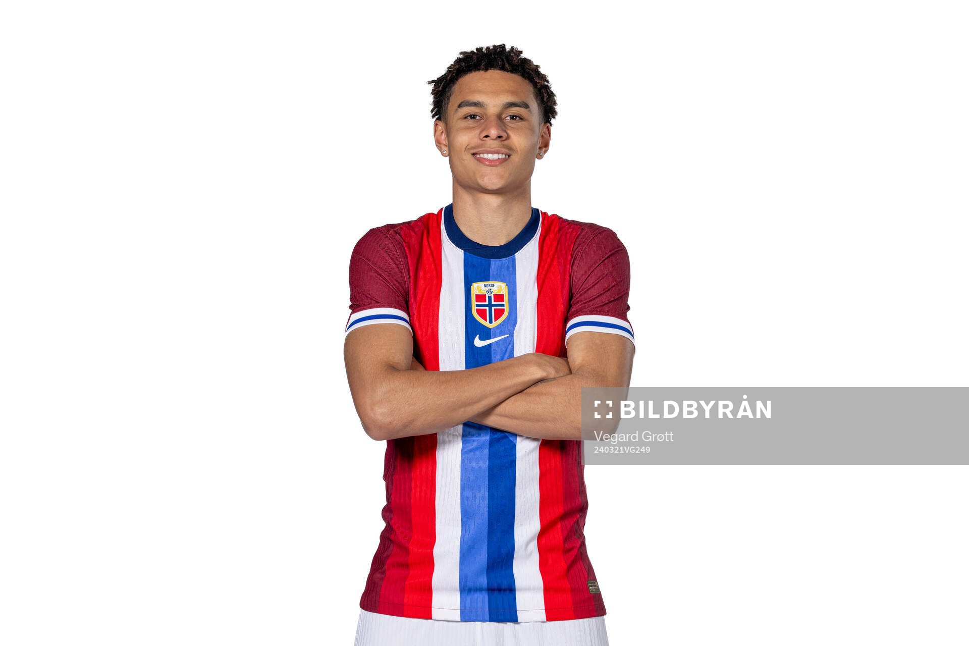 Antonio Nusa of the Norwegian national football team poses
