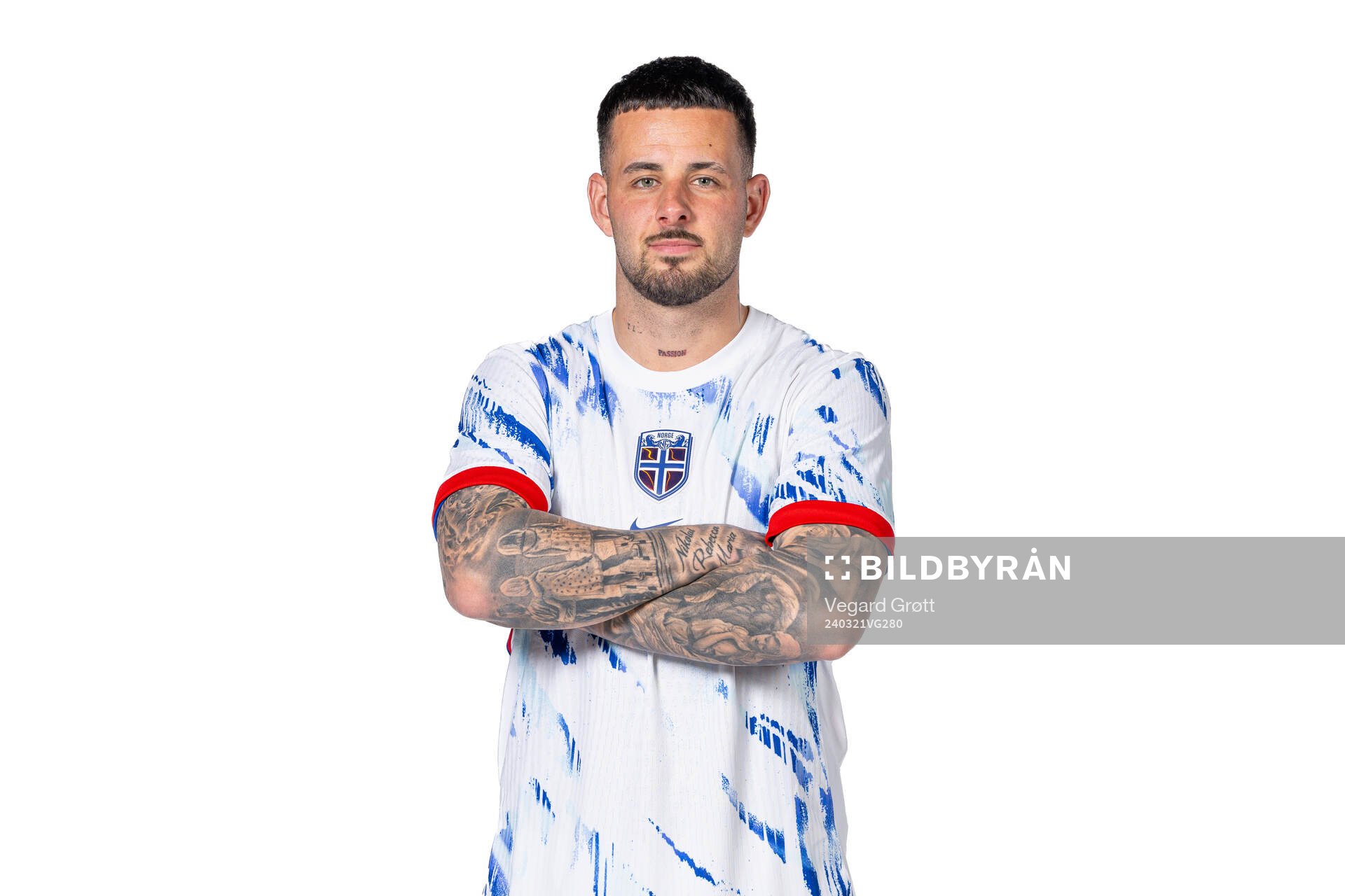 Aron Dønnum of the Norwegian national football team poses