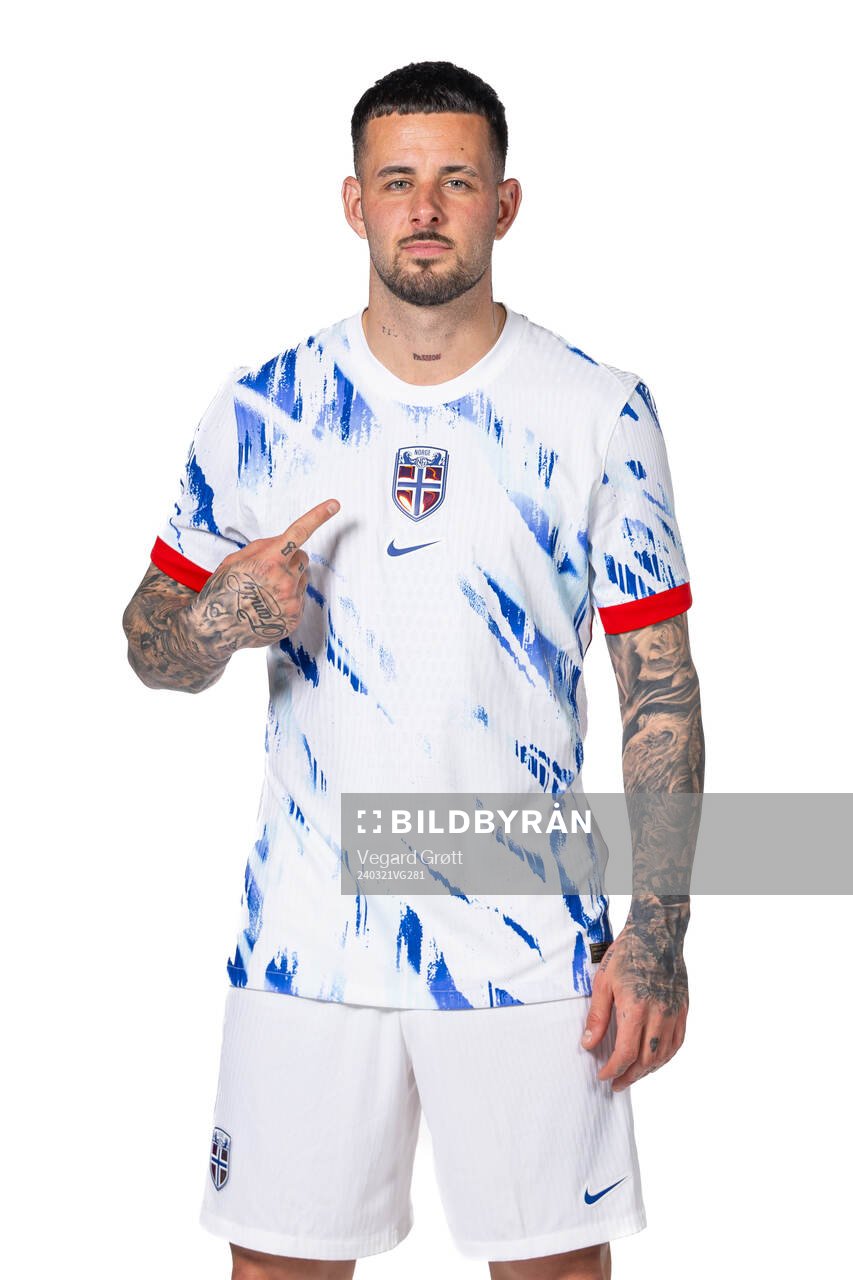 Aron Dønnum of the Norwegian national football team poses