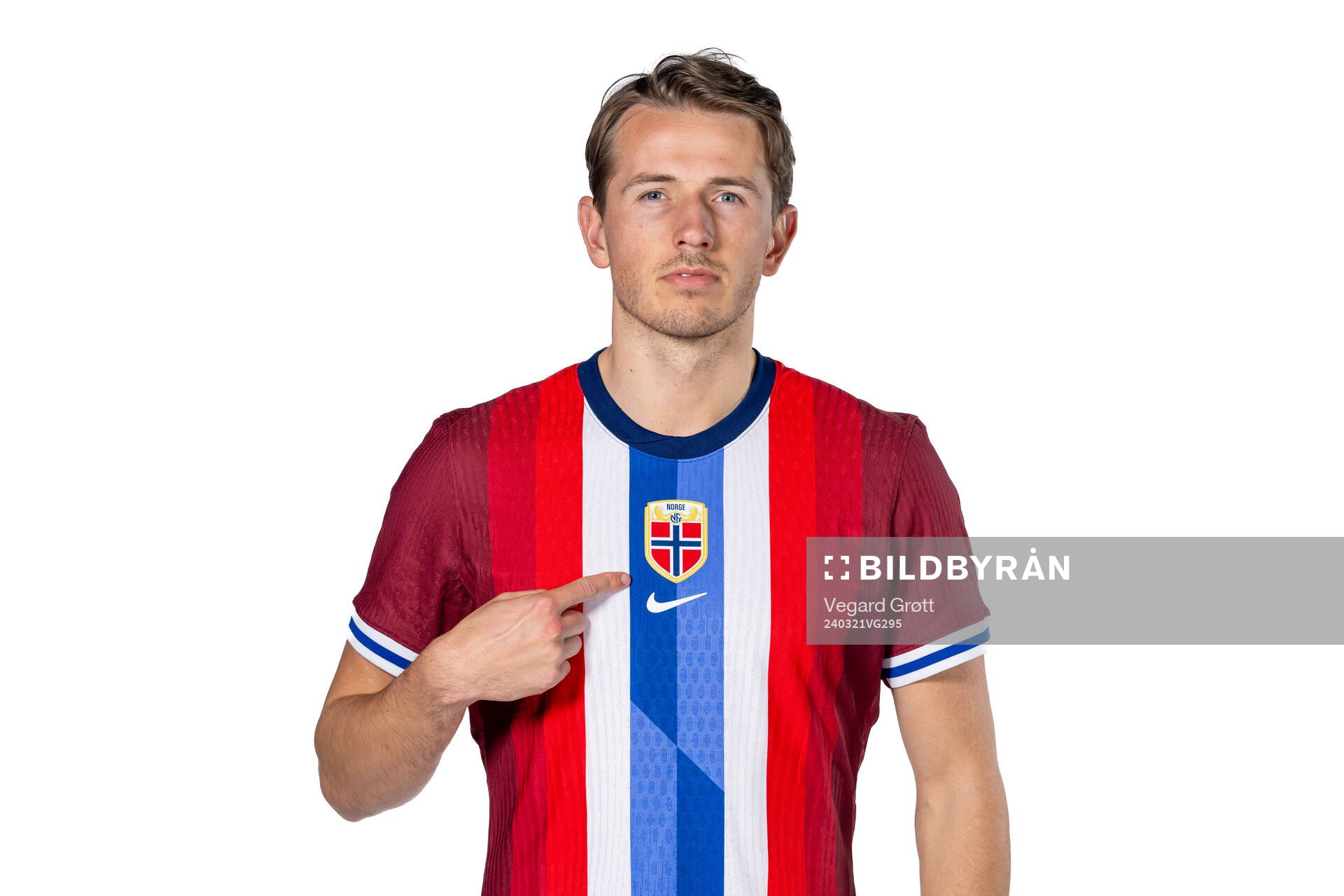 Sander Berge of the Norwegian national football team poses