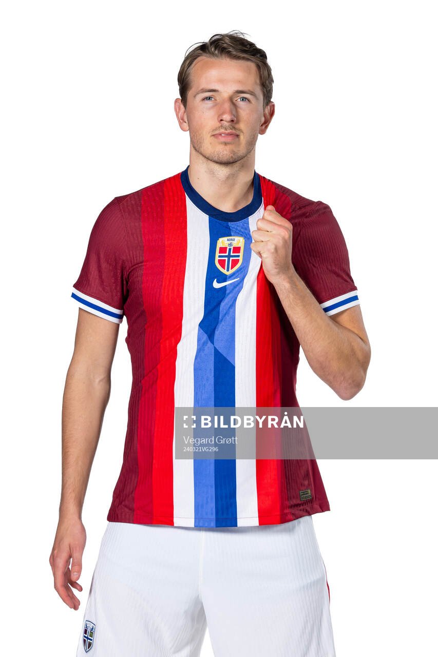 Sander Berge of the Norwegian national football team poses
