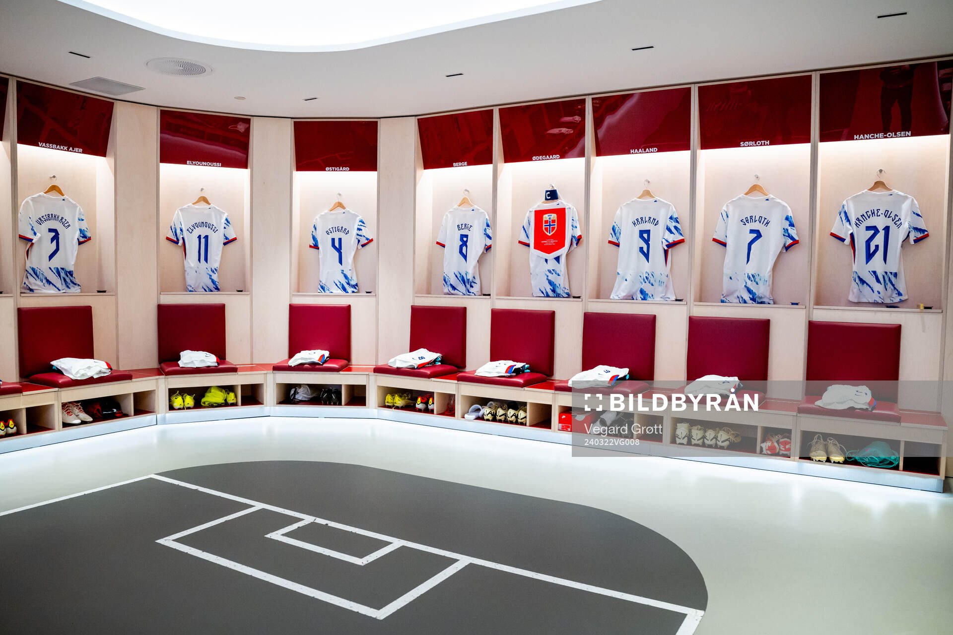 The kits of Mohamed Elyounoussi, Leo Østigård, Sander Berge, Martin Ødegaard, Erling Braut Haaland, Alexander Sørloth, Andreas Hanche-Olsen and players of Norway in the dressing room ahead of the international friendly football match between Norway and Czech Republic on March 22, 2024 in Oslo.