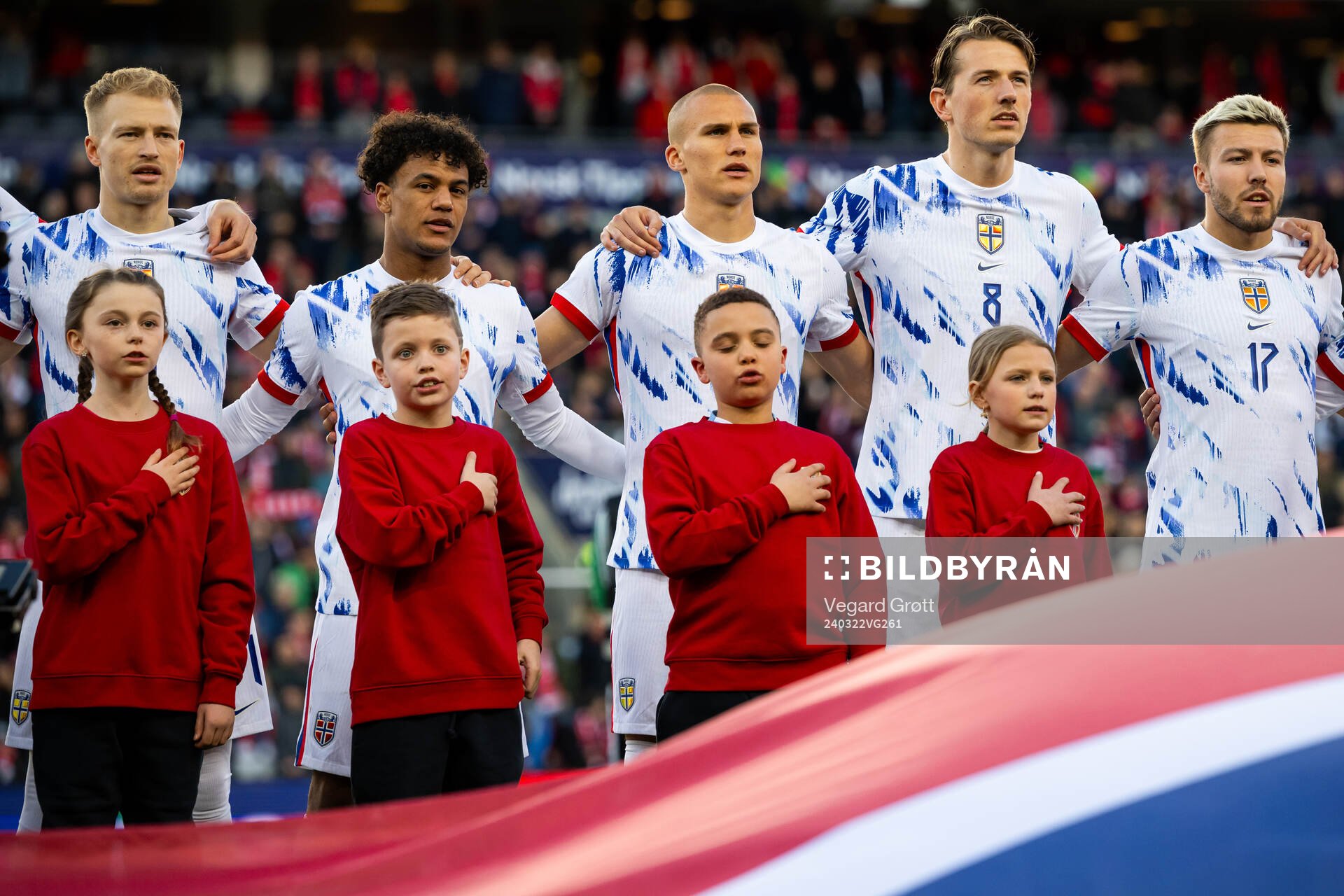 Andreas Hanche-Olsen, Oscar Bobb, Leo Skiri Østigård, Sander Berge and Fredrik André Bjørkan of Norway line up ahead of the international friendly football match between Norway and Czech Republic on March 22, 2024 in Oslo.