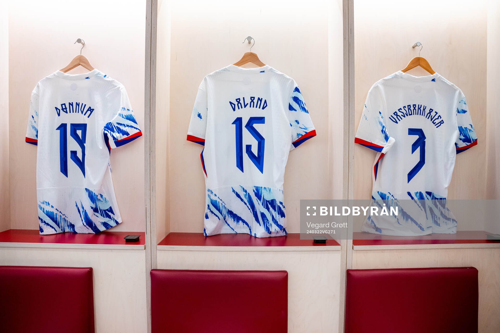 The kits of Aron Dønnum, Jesper Daland and Kristoffer Ajer of Norway in the dressing room ahead of the international friendly football match between Norway and Czech Republic on March 22, 2024 in Oslo.