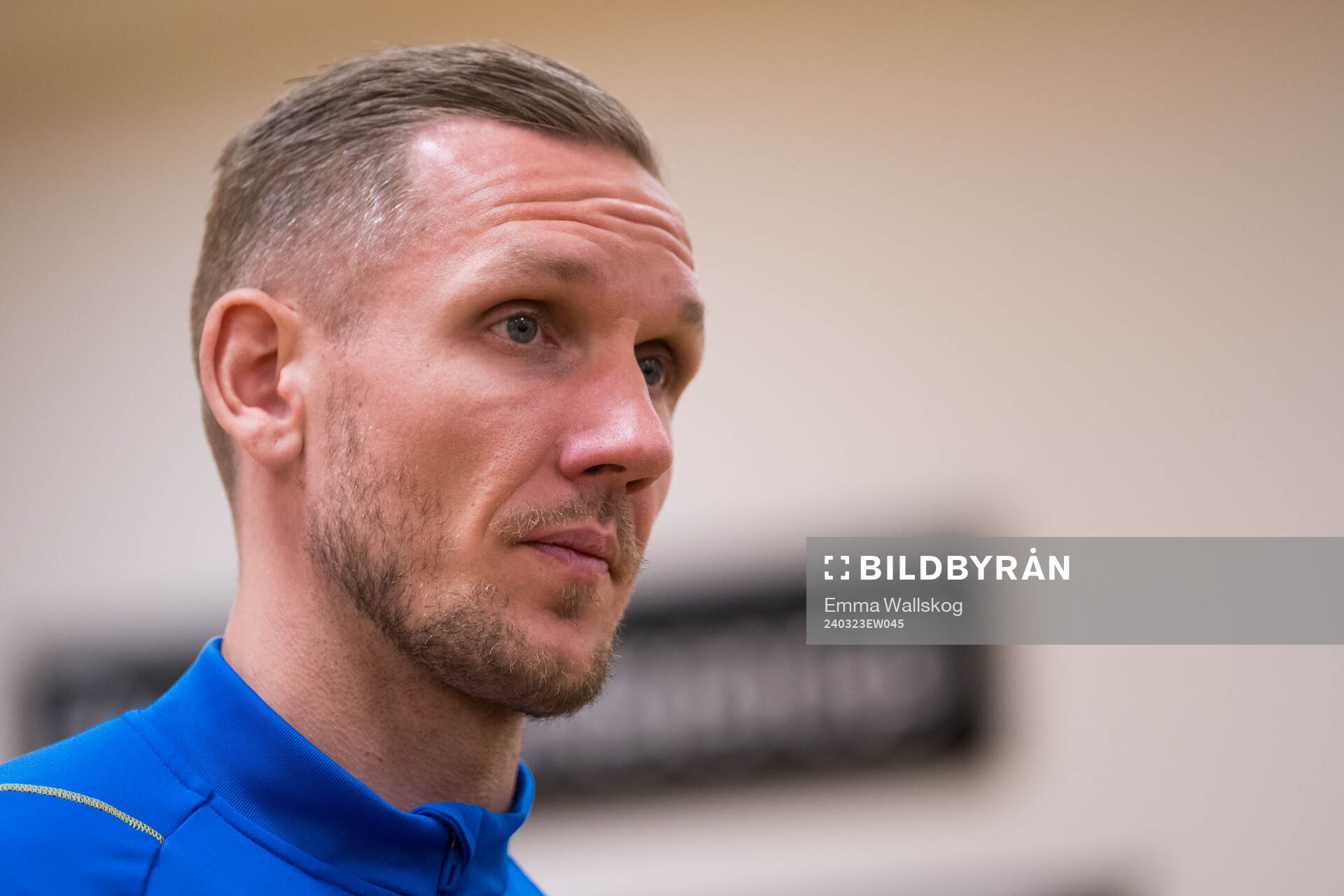 Goalkeeper Robin Olsen of Sweden of the Swedish men's national football team in mixed zone after a training session on March 23, 2024 in Stockholm. 