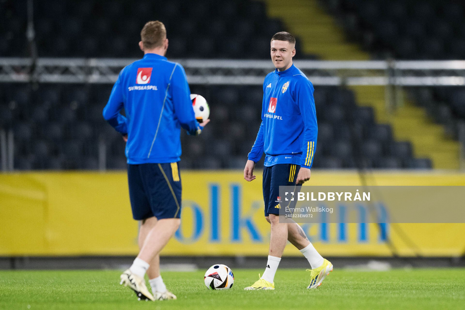 Dejan Kulusevski and Emil Holm of Sweden of the Swedish men's national football team during a training session on March 23, 2024 in Stockholm. 
