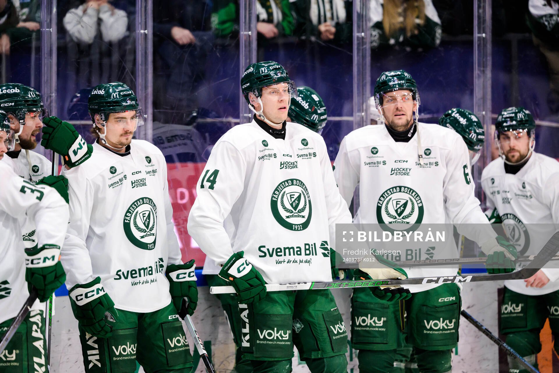 Färjestads David Tomasek, Joel Kellman och Carl Dahlström
