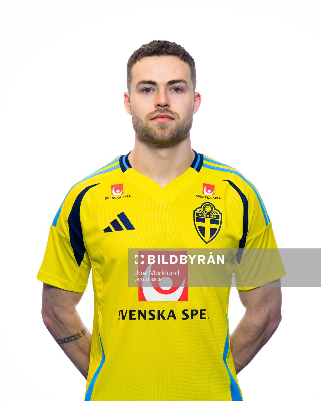 Gabriel Gudmundsson of the Swedish men's national football team poses for a portrait on March 23, 2024 in Stockholm. 