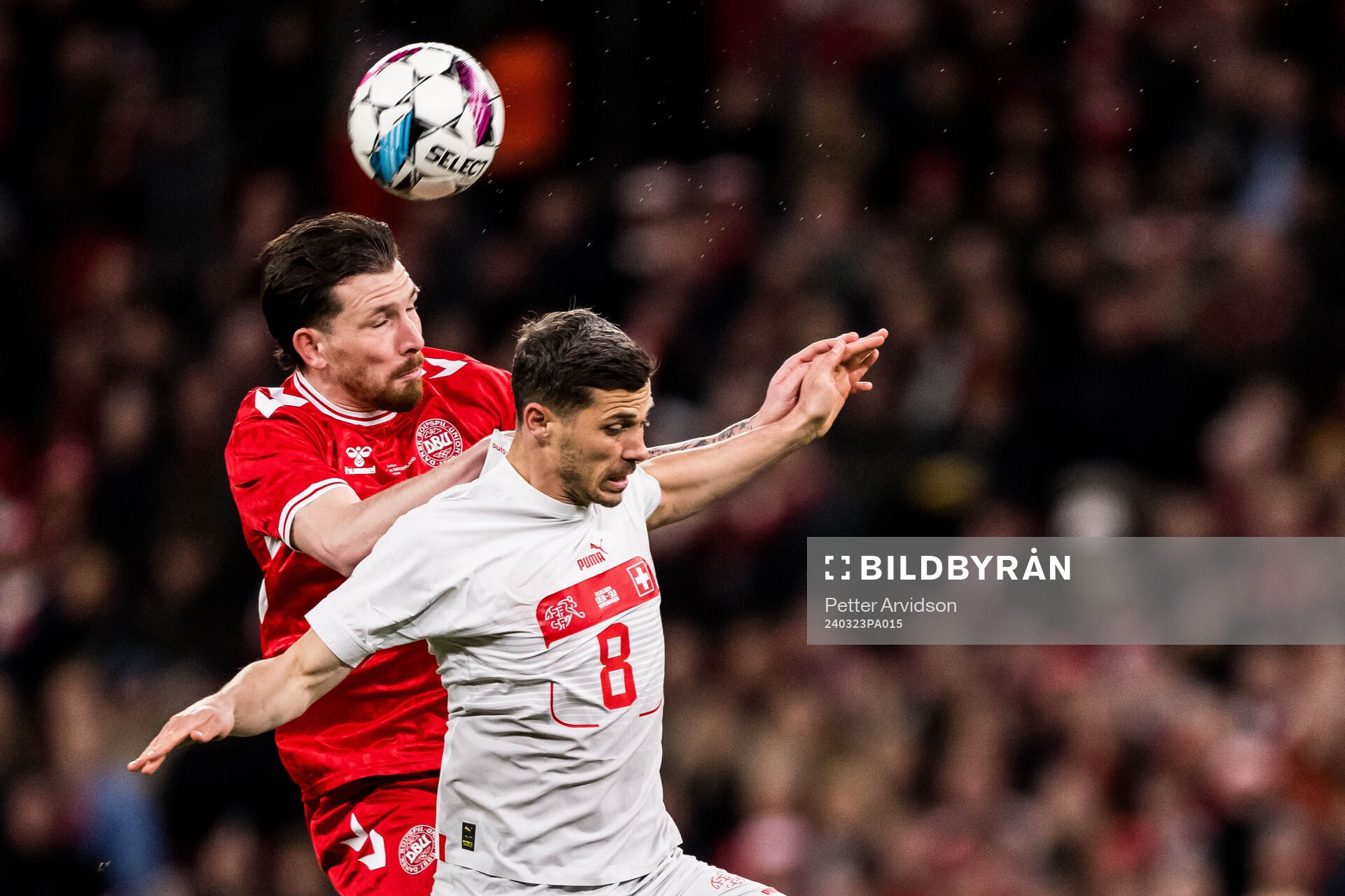 Pierre-Emilie Højbjerg of Denmark and Remo Freuler of Switzerland during the international friendly football match between Denmark and Switzerland on March 23, 2024 in Copenhagen.