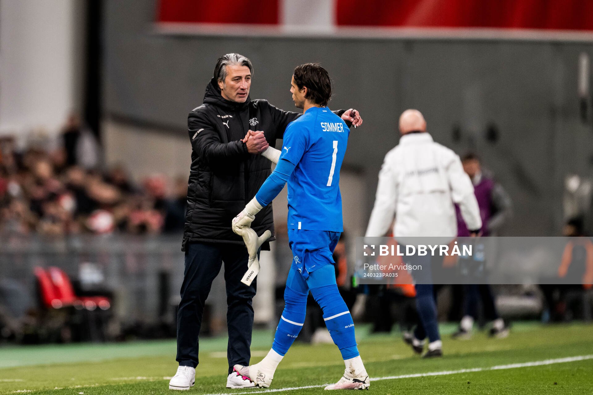 Goalkeeper Yann Sommer and Head coach Murat Yakin of Switzerland during the international friendly football match between Denmark and Switzerland on March 23, 2024 in Copenhagen.