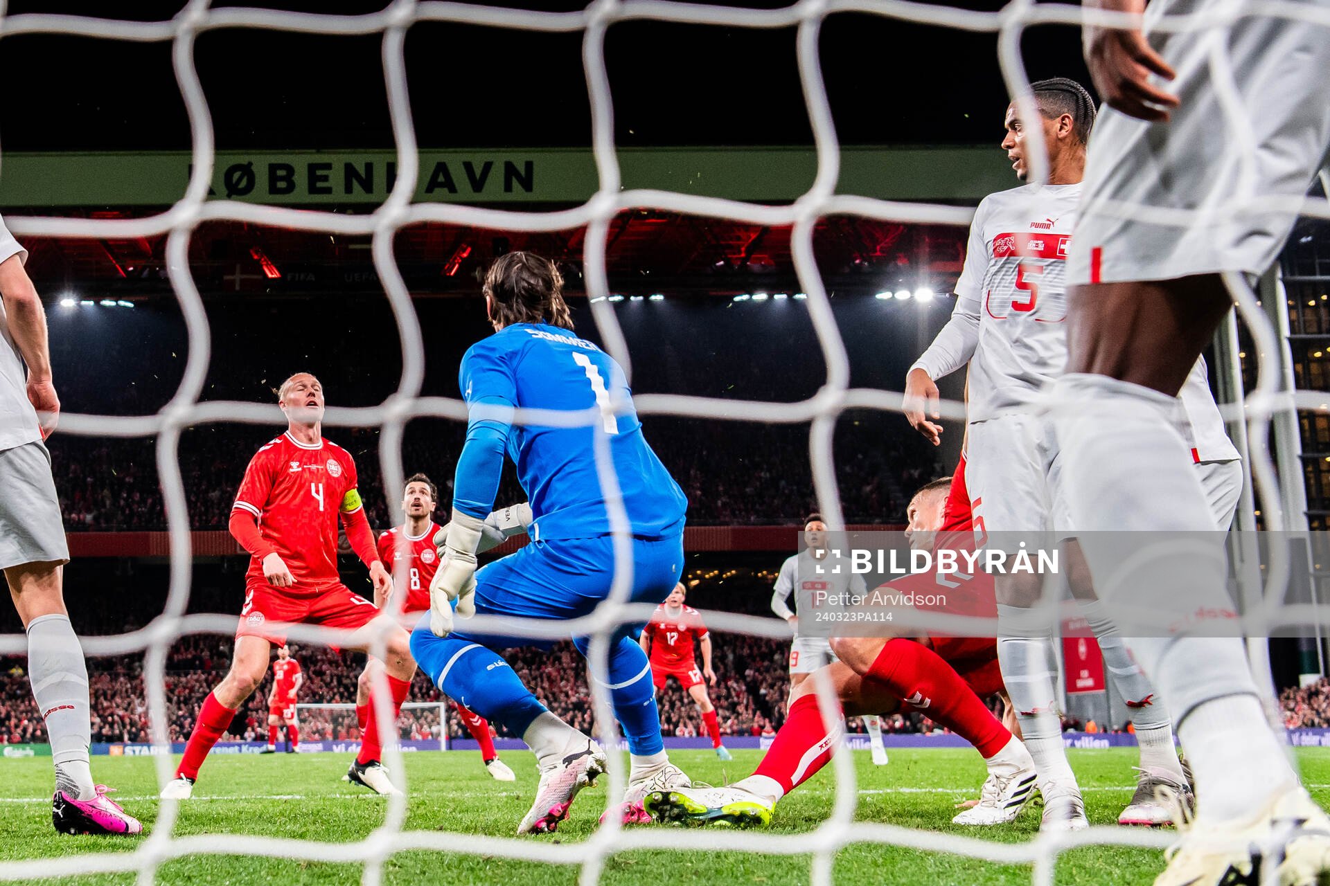Goalkeeper Yann Sommer of Switzerland hurt his ankle in this situation during the international friendly football match between Denmark and Switzerland on March 23, 2024 in Copenhagen.