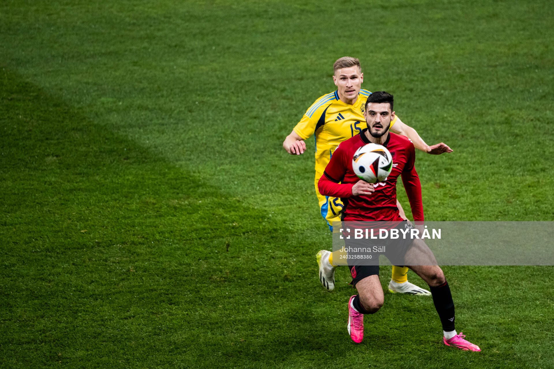 Carl Starfelt of Sweden and Armando Broja of Albania during the international friendly football match between Sweden and Albania on March 25, 2024 in Stockholm.