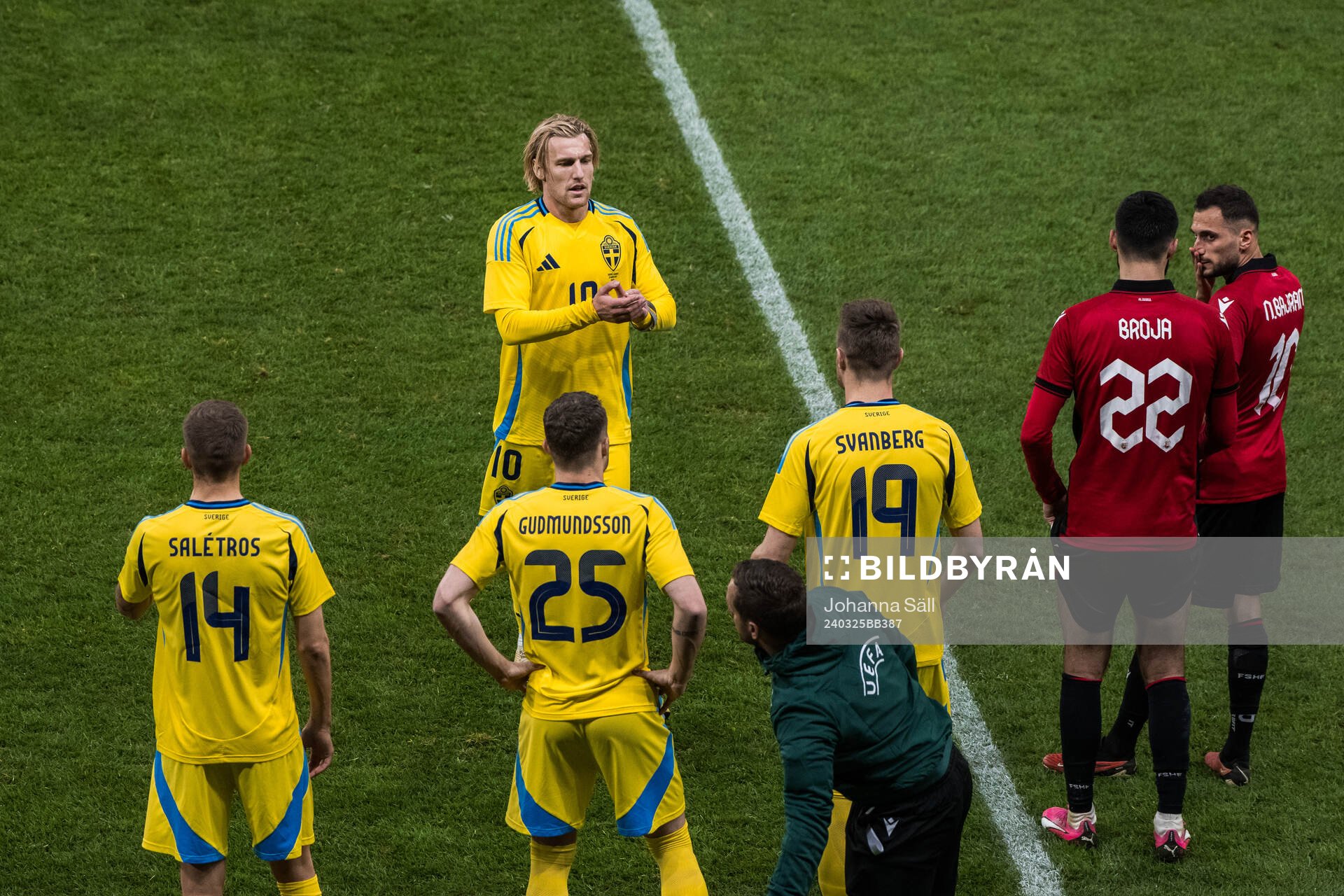 Emil Forsberg and Mattias Svanberg of Sweden during the international friendly football match between Sweden and Albania on March 25, 2024 in Stockholm.