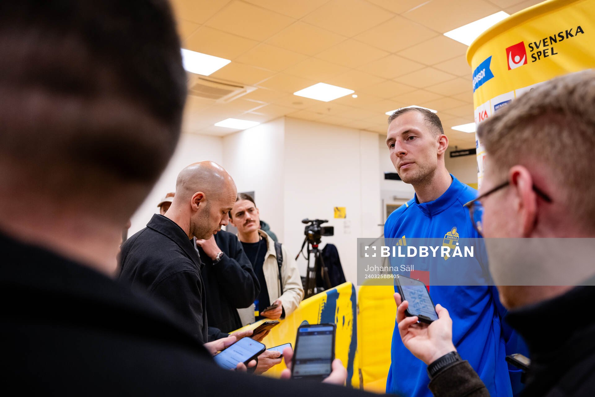 Gustaf Nilsson of Sweden in the mixed zone after the international friendly football match between Sweden and Albania on March 25, 2024 in Stockholm.