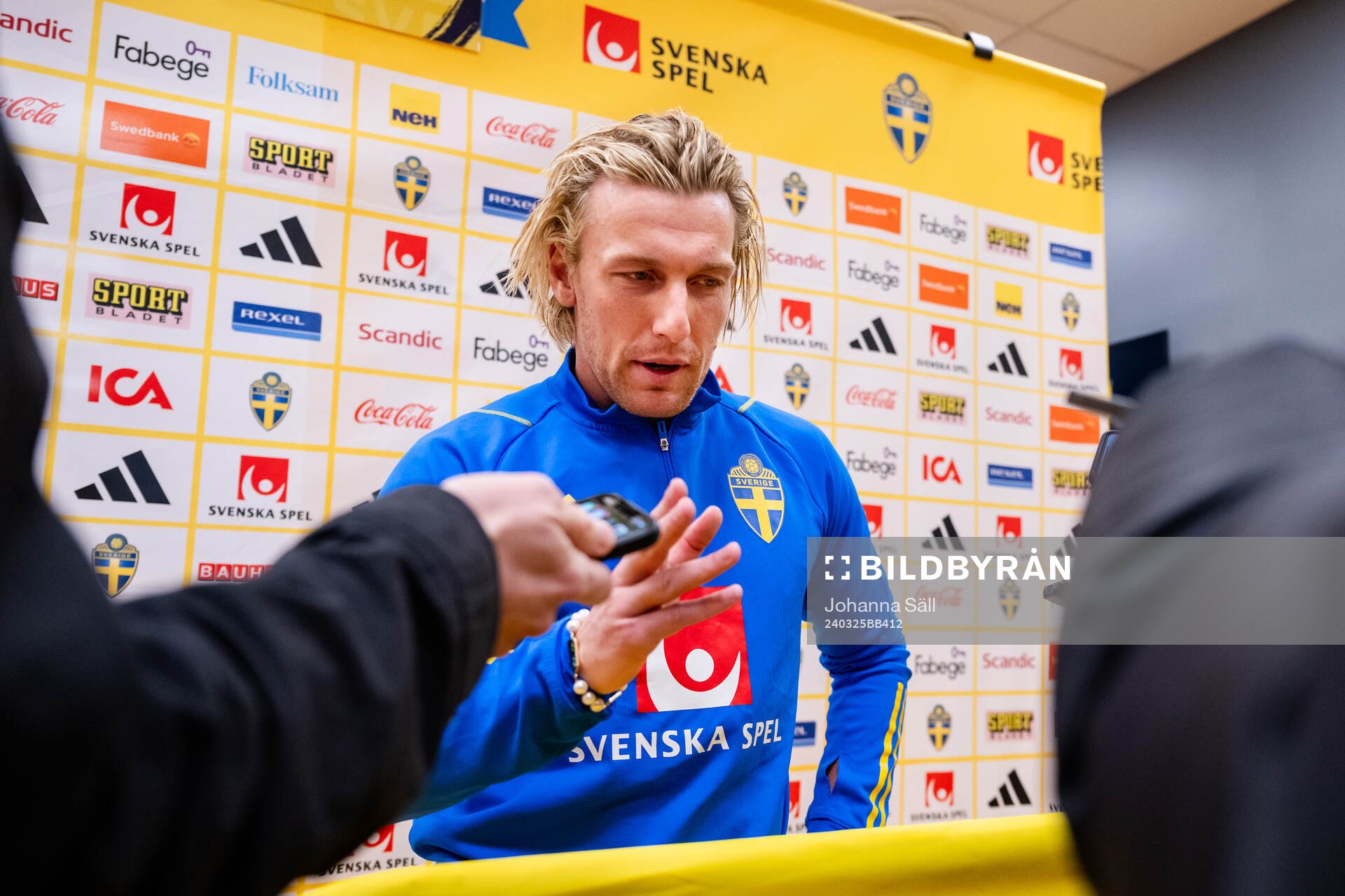 Emil Forsberg of Sweden in the mixed zone after the international friendly football match between Sweden and Albania on March 25, 2024 in Stockholm.