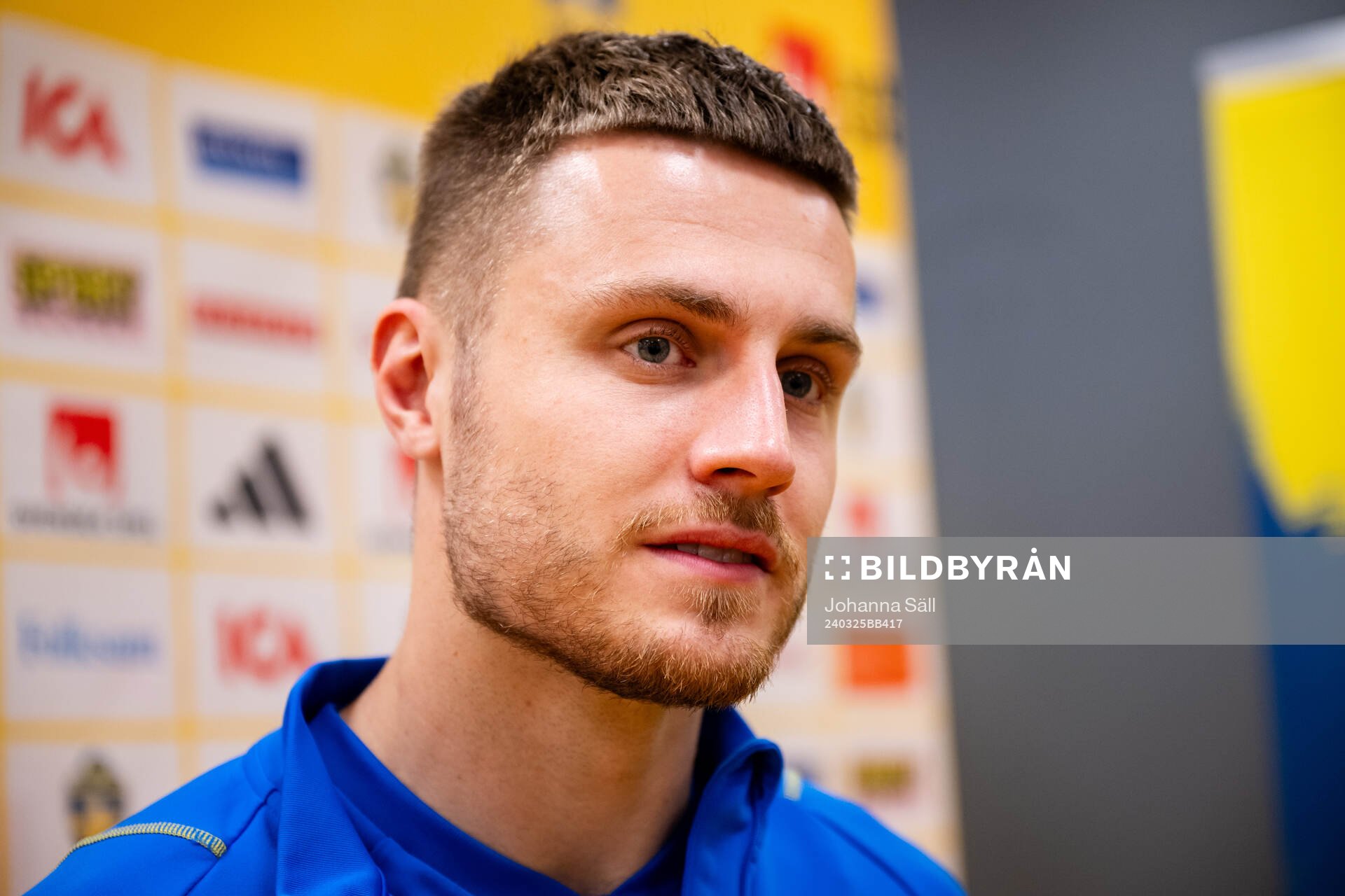Mattias Svanberg of Sweden in the mixed zone after the international friendly football match between Sweden and Albania on March 25, 2024 in Stockholm.