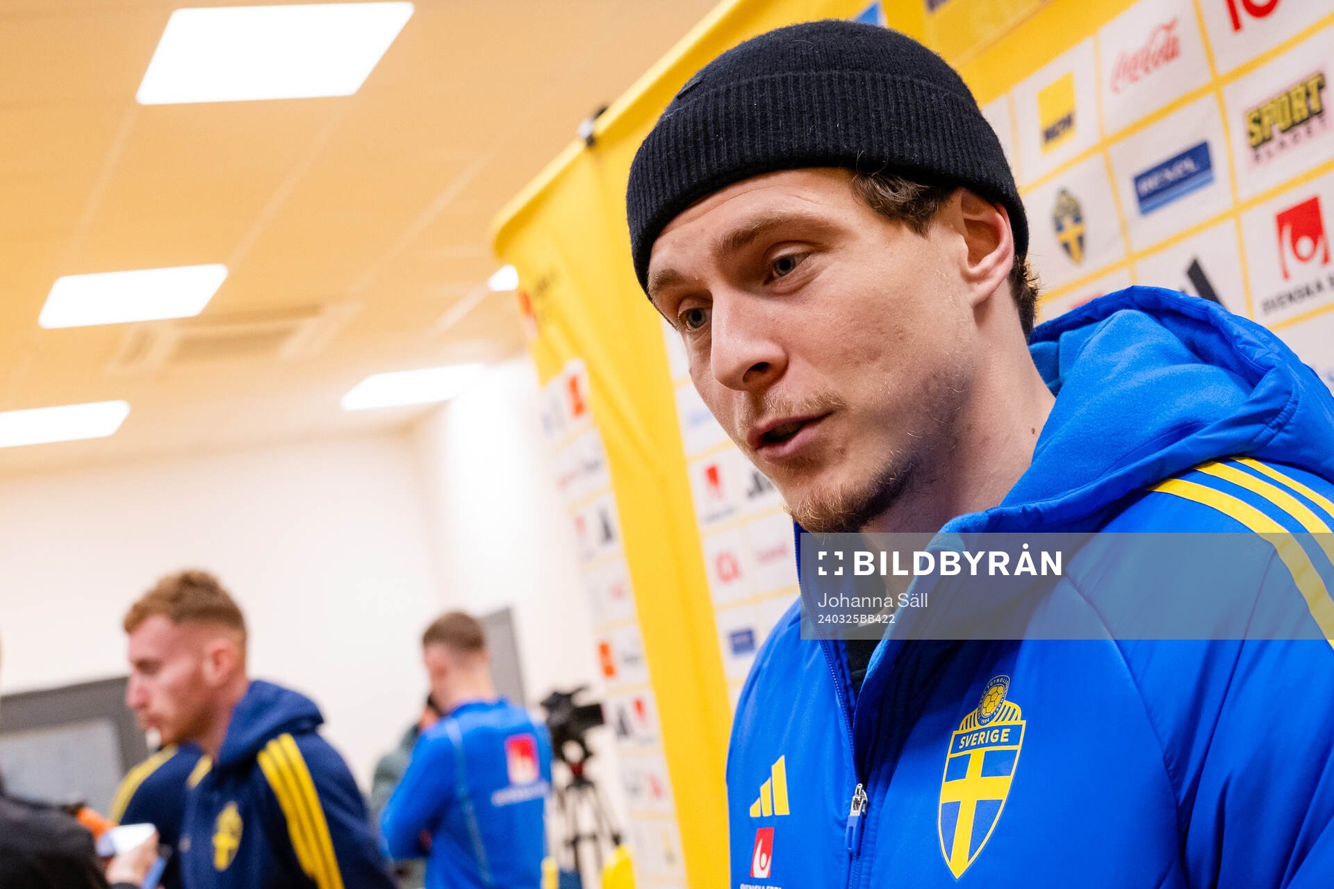 Victor Nilsson Lindelöf of Sweden in the mixed zone after the international friendly football match between Sweden and Albania on March 25, 2024 in Stockholm. 