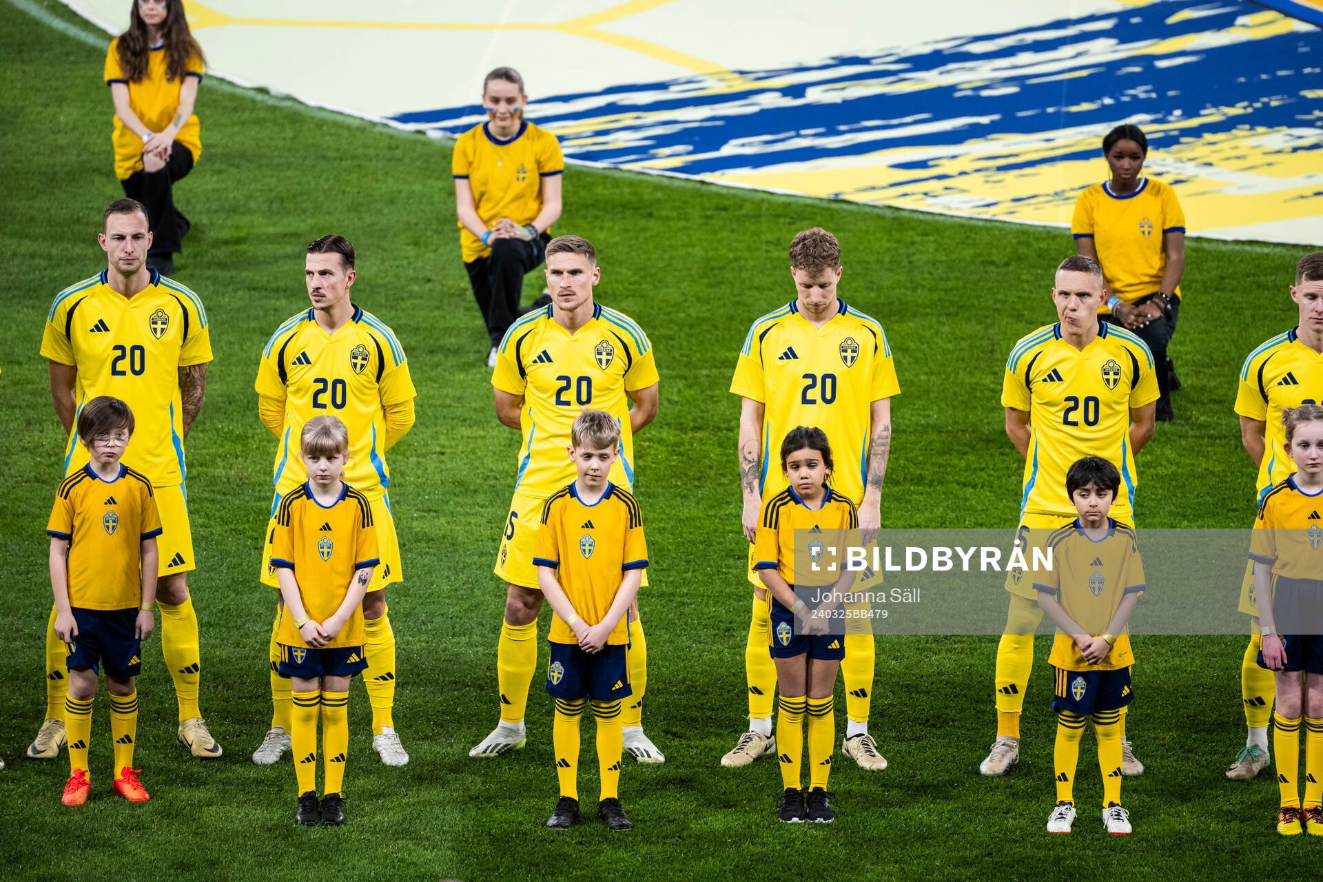 Gustaf Nilsson, Simon Olsson, Carl Starfelt, Samuel Gustafson and Ludwig Augustinsson of Sweden ahead of the international friendly football match between Sweden and Albania on March 25, 2024 in Stockholm.