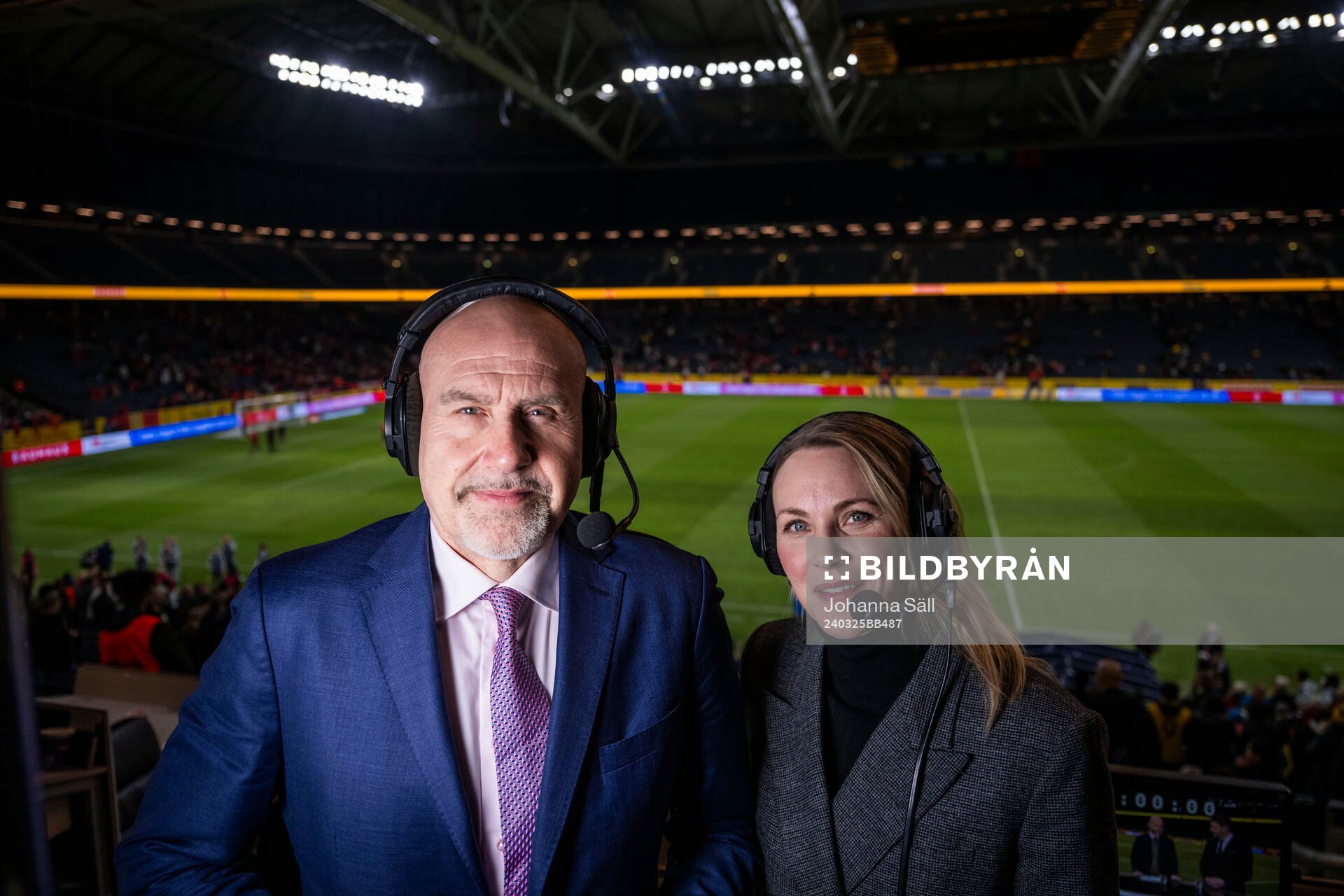 Niklas Holmgren and Johanna Frisk commentators of Swedish broadcaster Viaplay during the international friendly football match between Sweden and Albania on March 25, 2024 in Stockholm.