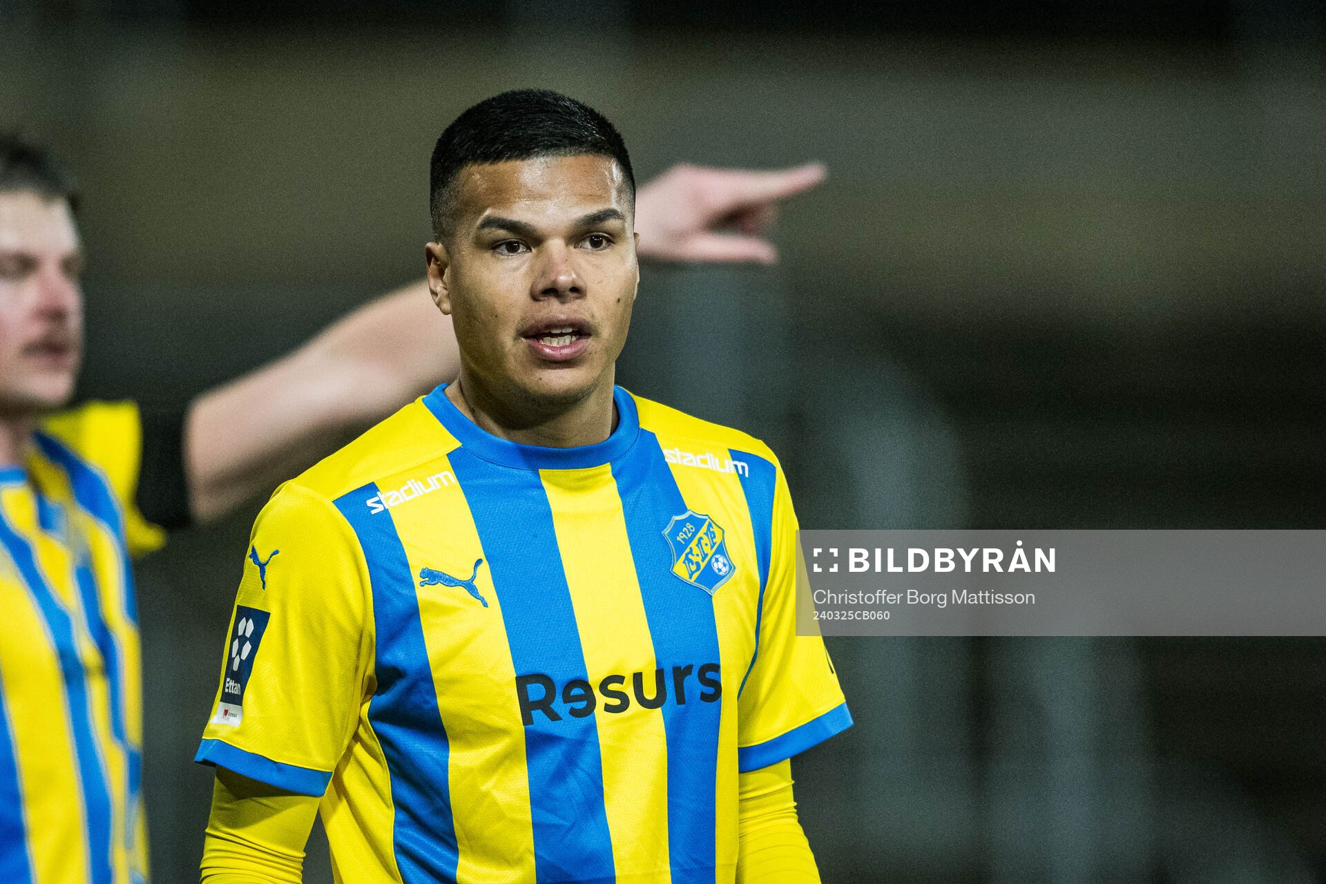 Eskilsminne IFs Jonathan Larsson under träningsmatchen i fotboll mellan Landskrona BOIS och Eskilsminne IF den 25 mars 2024 i Landskrona.