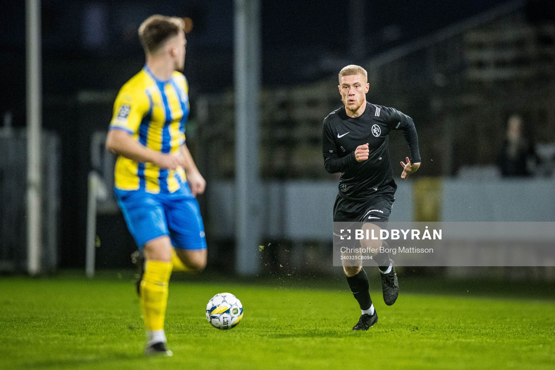 Landskrona BOISs Rasmus Wendt under träningsmatchen i fotboll mellan Landskrona BOIS och Eskilsminne IF den 25 mars 2024 i Landskrona.