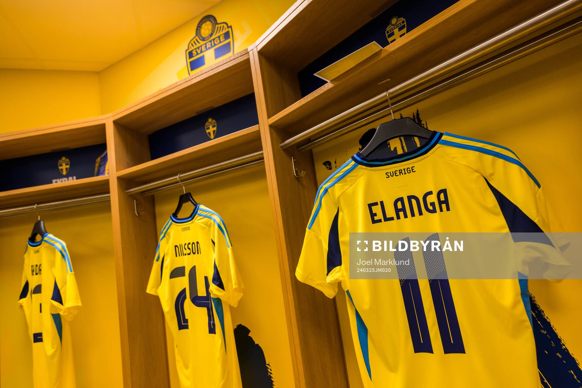 Jersey of Anthony Elanga hanging in the dressing room of Sweden ahead of the international friendly football match between Sweden and Albania on March 25, 2024 in Stockholm.