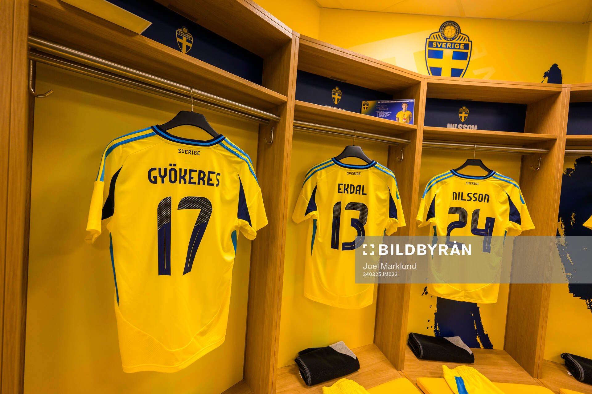 Jerseys of Viktor Gyökeres, Hjalmar Ekdal and Gustaf Nilsson hanging in the dressing room of Sweden ahead of the international friendly football match between Sweden and Albania on March 25, 2024 in Stockholm.