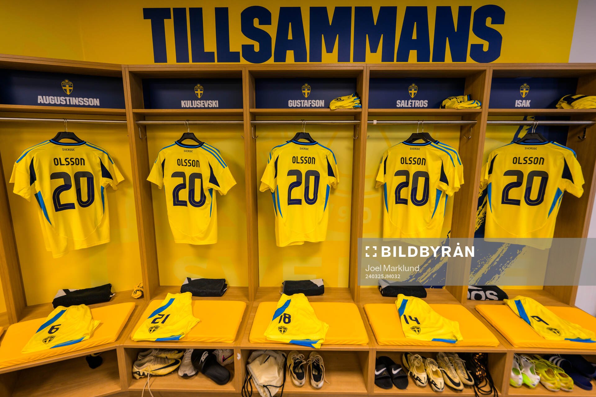 Jerseys of hospitalized Swedish player Kristoffer Olsson hanging in the dressing room of Sweden ahead of the international friendly football match between Sweden and Albania on March 25, 2024 in Stockholm.