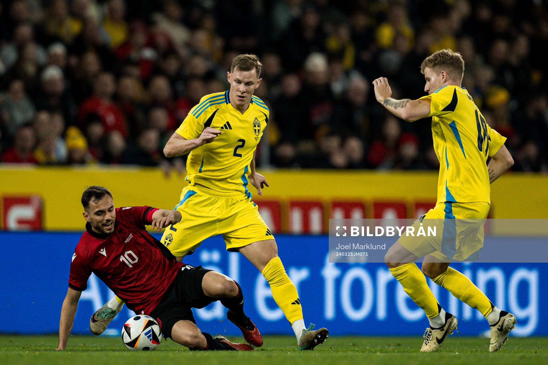 Nedim Bajrami of Albania against Emil Krafth and Samuel