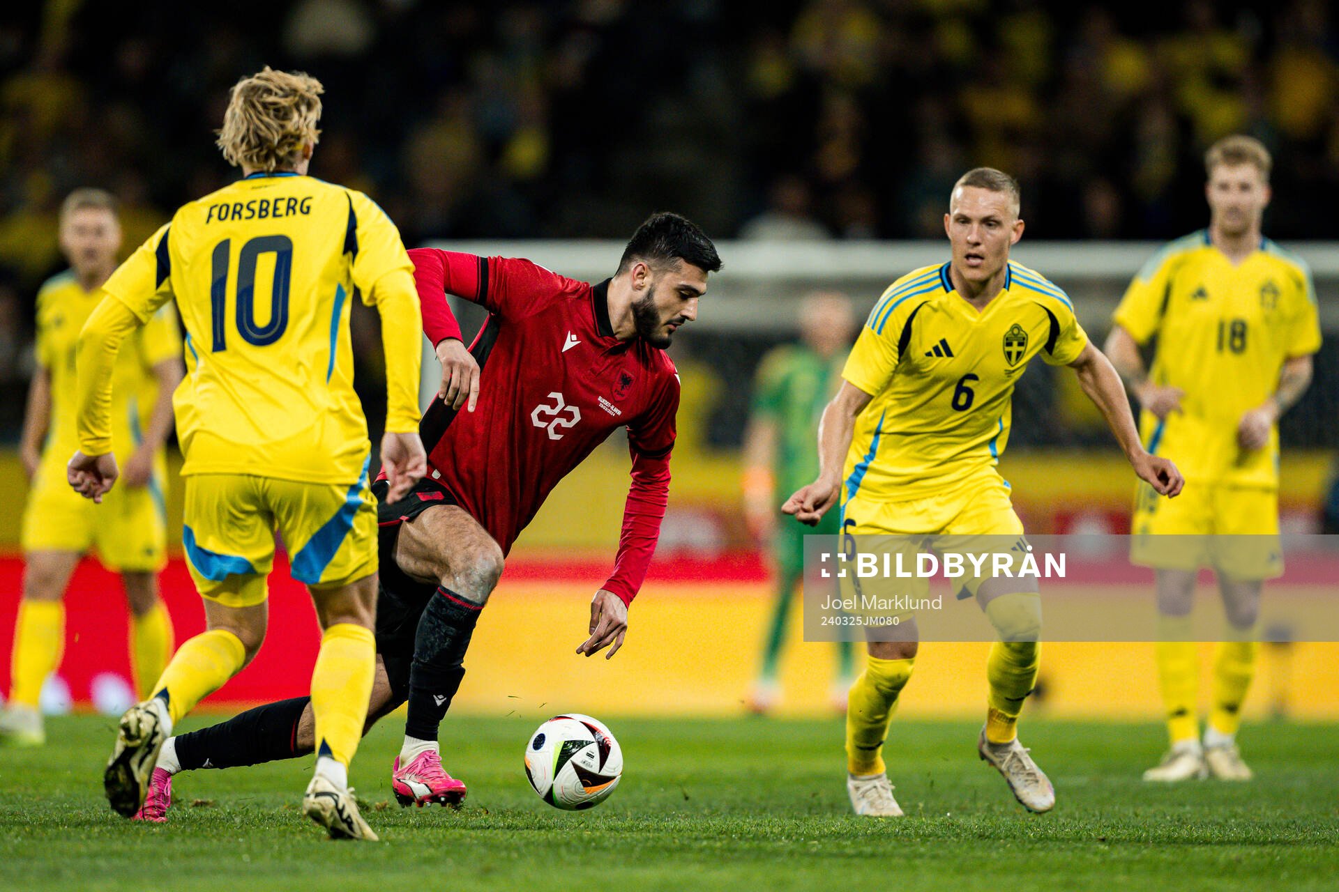 Emil Forsberg and Ludwig Augustinsson of Sweden against Armando Broja of Albania during the international friendly football match between Sweden and Albania on March 25, 2024 in Stockholm.