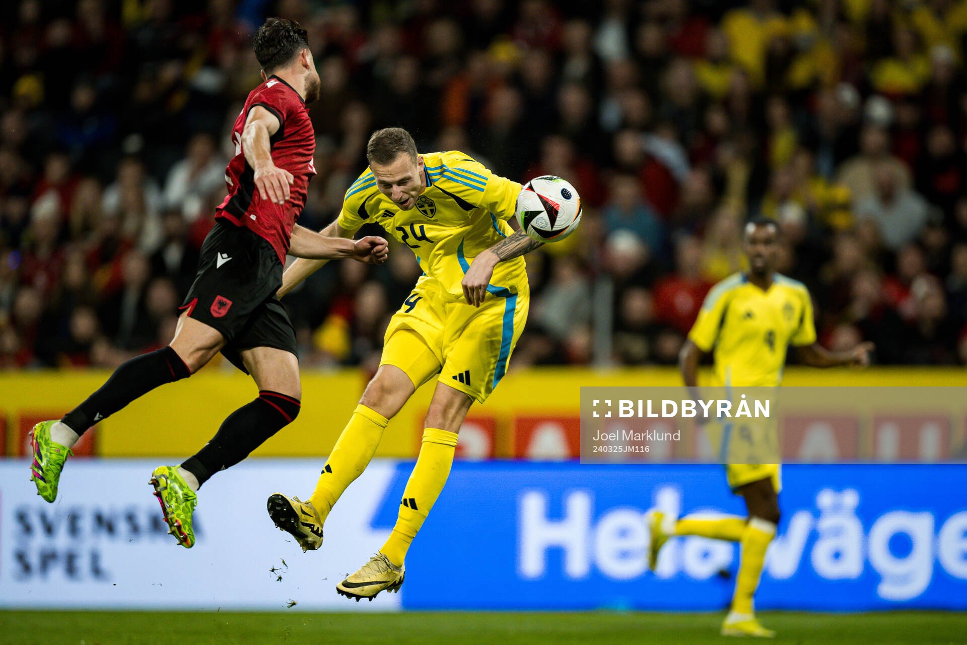 Gustaf Nilsson of Sweden scores the 1-0 goal during the international friendly football match between Sweden and Albania on March 25, 2024 in Stockholm.