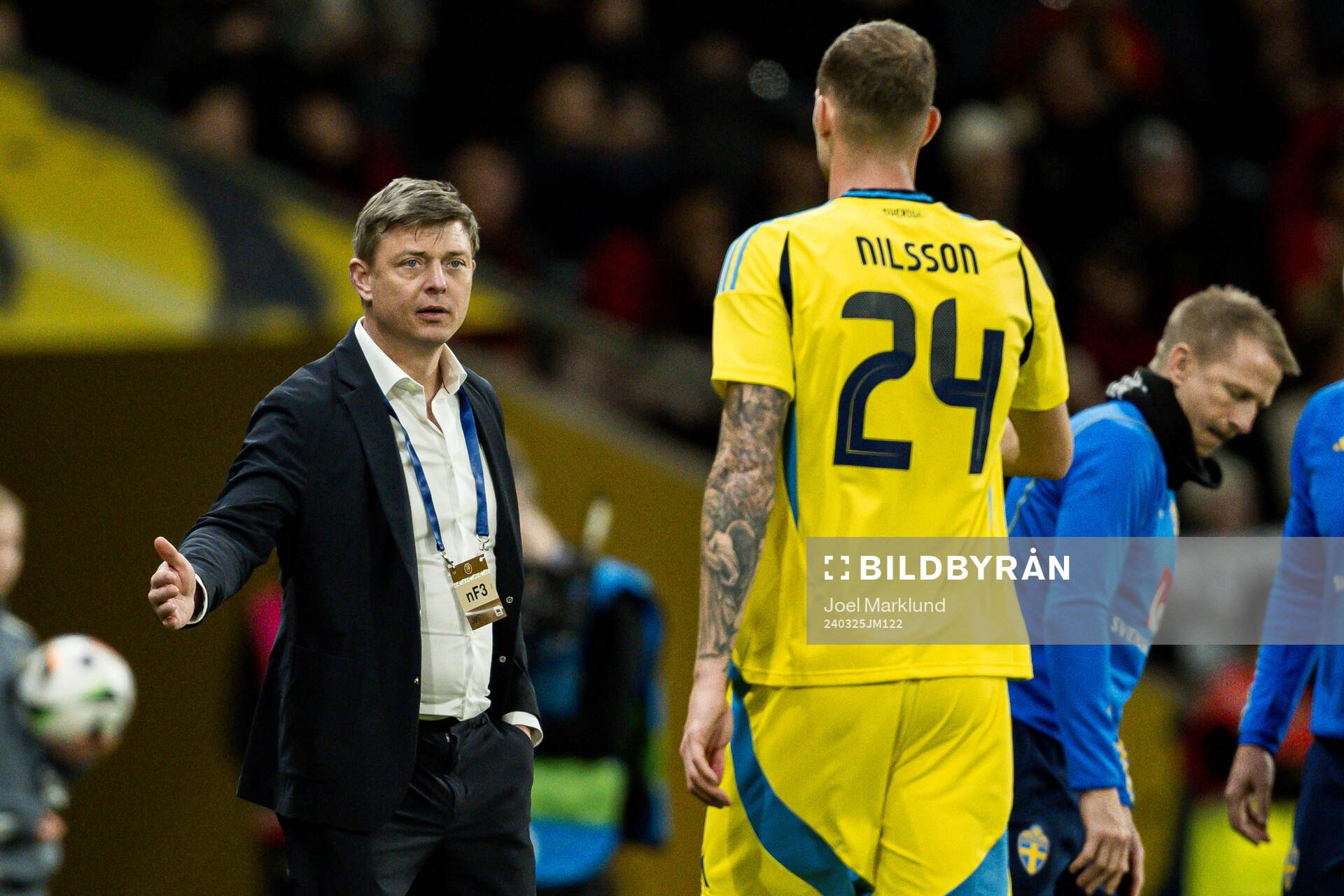 Head coach Jon Dahl Tomasson and Gustaf Nilsson of Sweden during the international friendly football match between Sweden and Albania on March 25, 2024 in Stockholm.